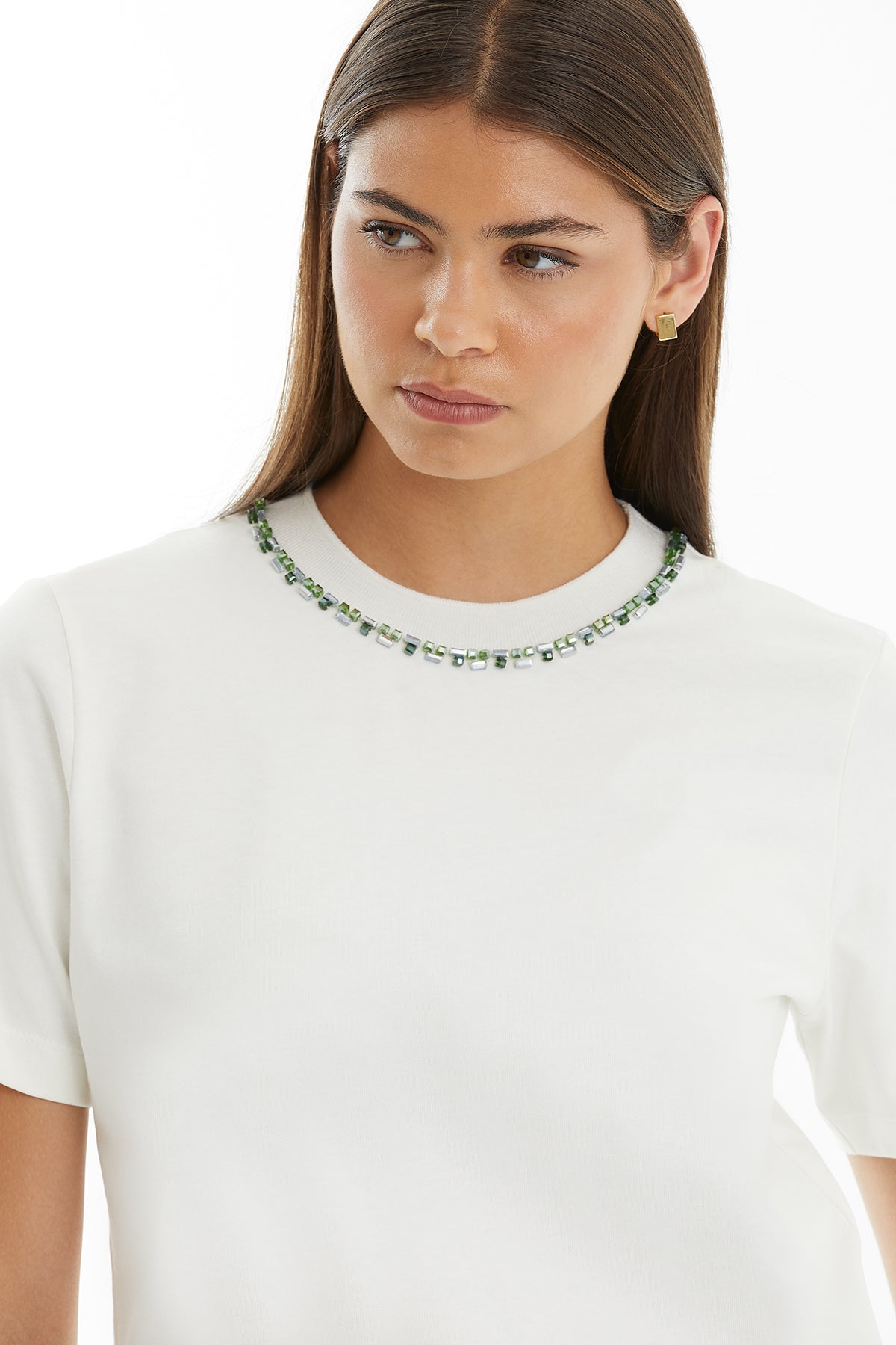 Ecru Embroidered Collar Detail T-Shirt