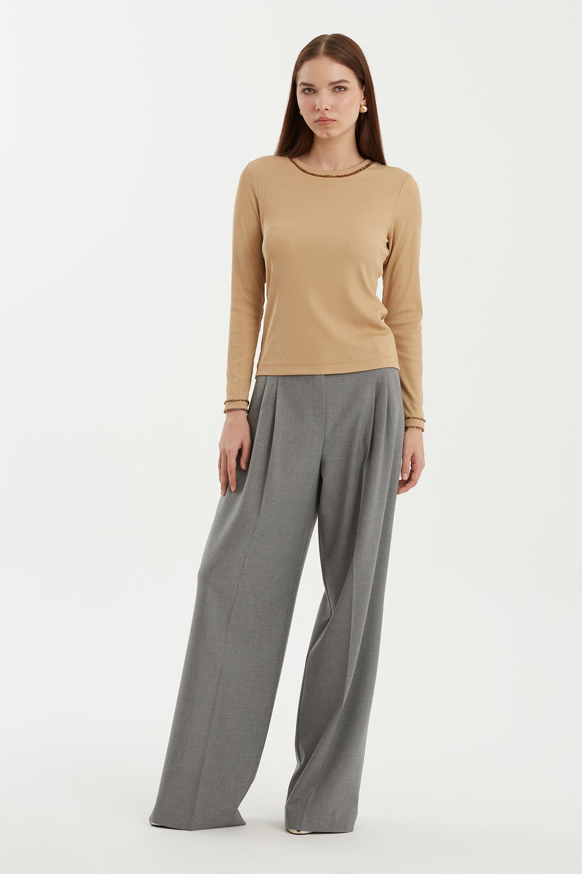 Beige Stone-Embellished Long Sleeve Blouse