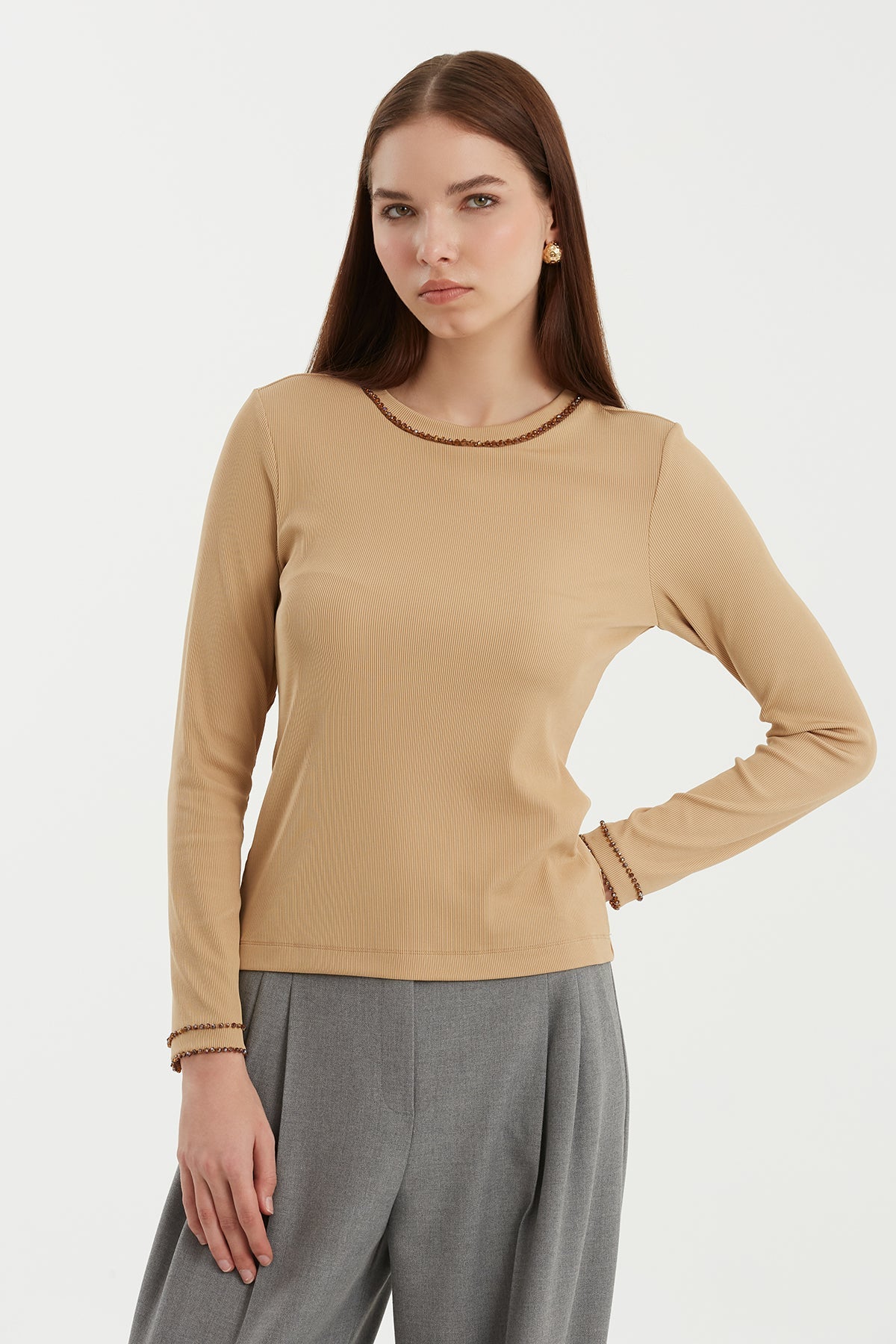 Beige Stone-Embellished Long Sleeve Blouse