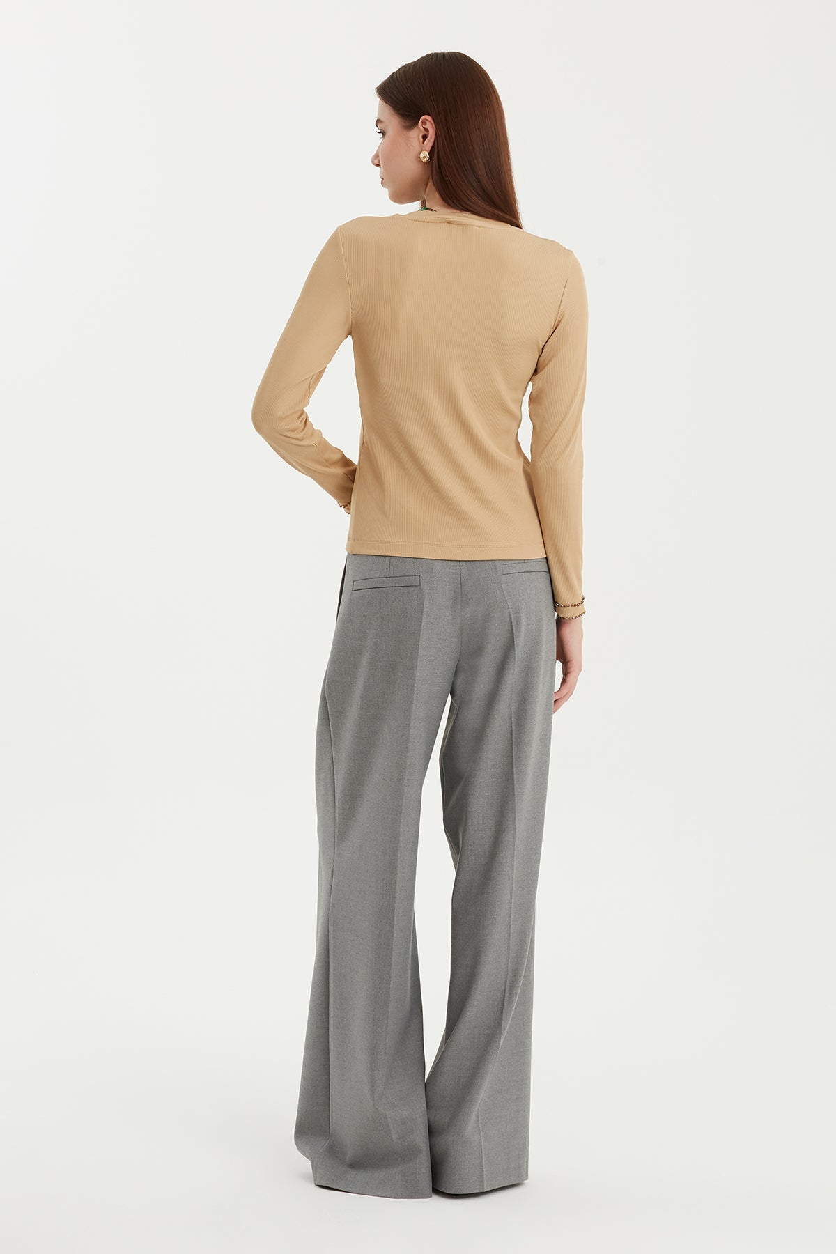 Beige Stone-Embellished Long Sleeve Blouse