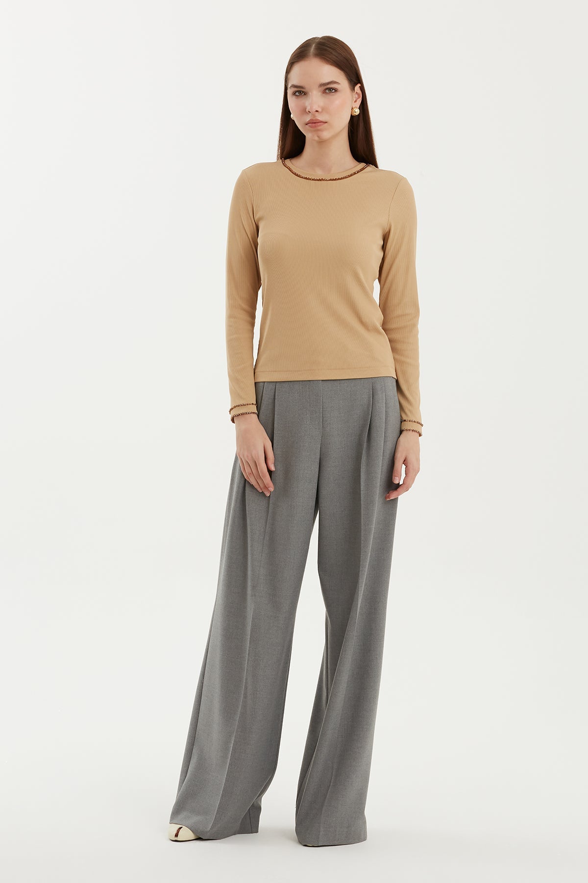 Beige Stone-Embellished Long Sleeve Blouse