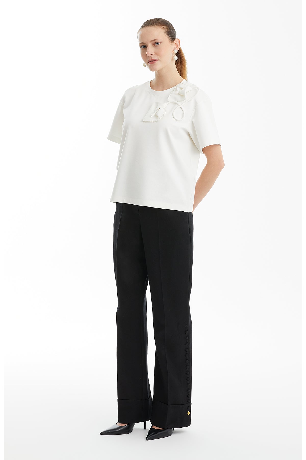 Ecru T-Shirt with Shoulder Appliqué Detail