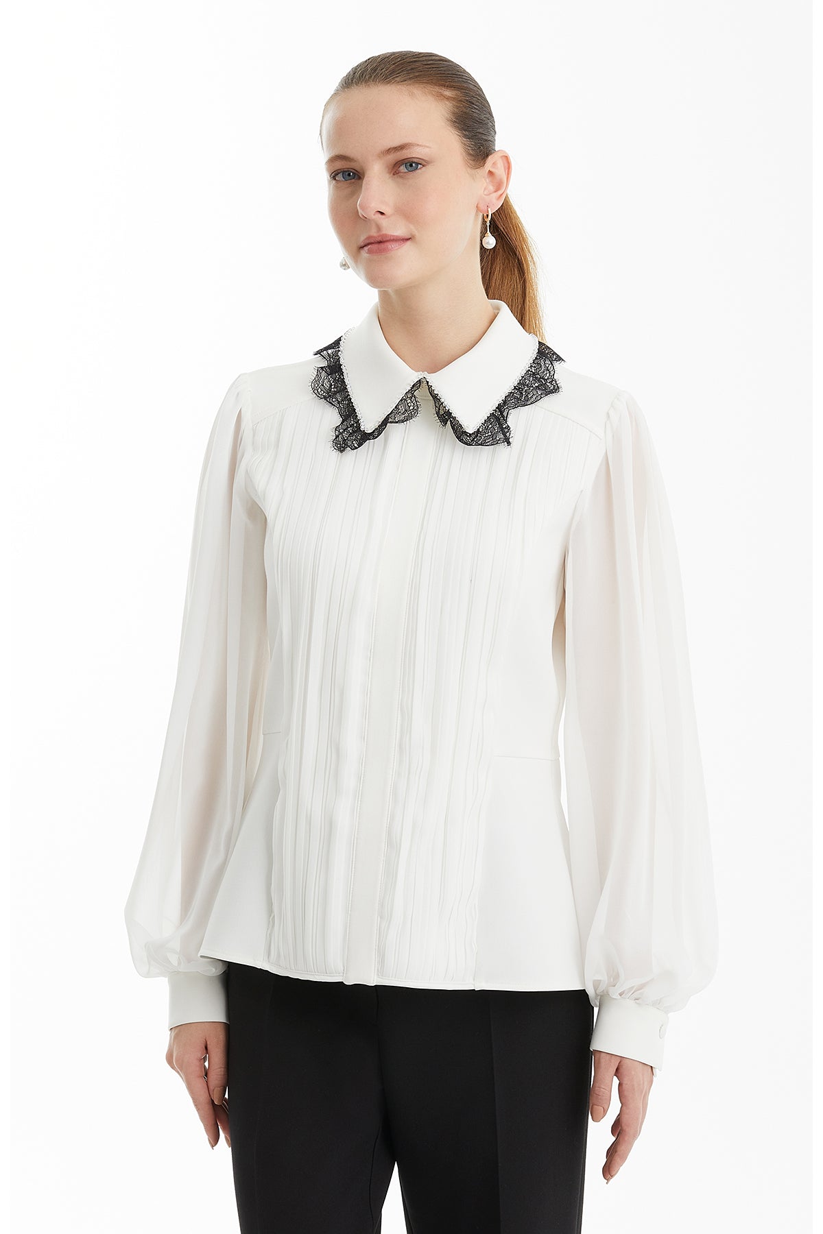 Ecru Pleated Shirt with Lace Collar