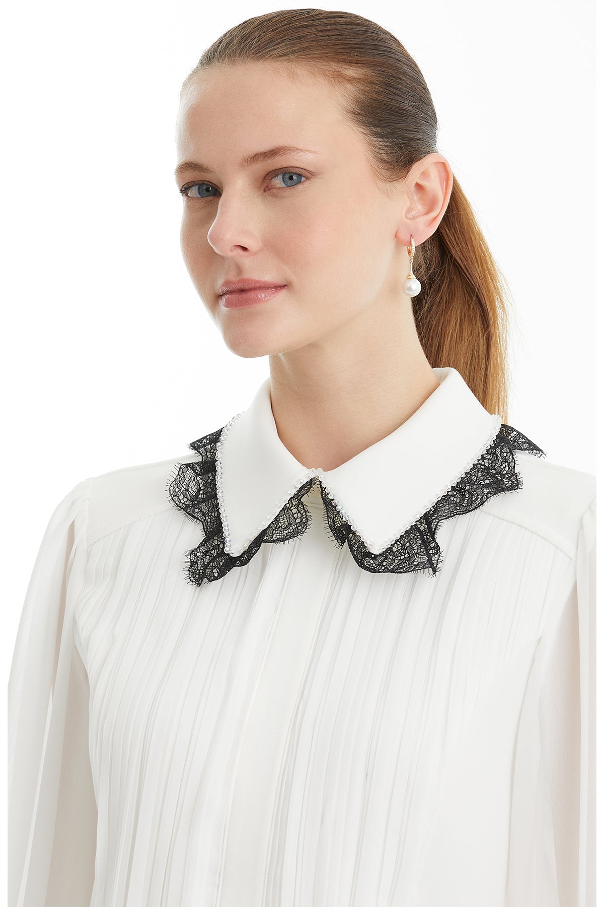 Ecru Pleated Shirt with Lace Collar