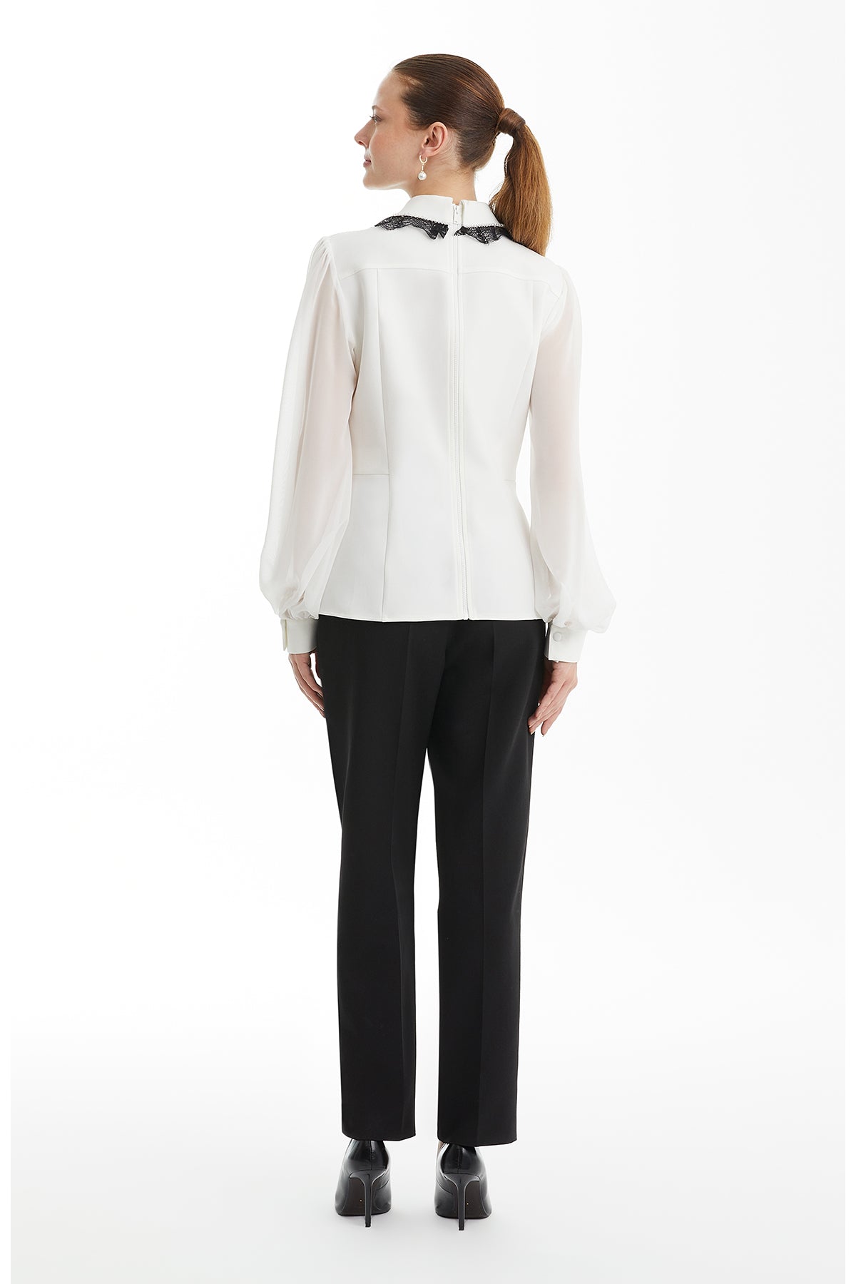 Ecru Pleated Shirt with Lace Collar
