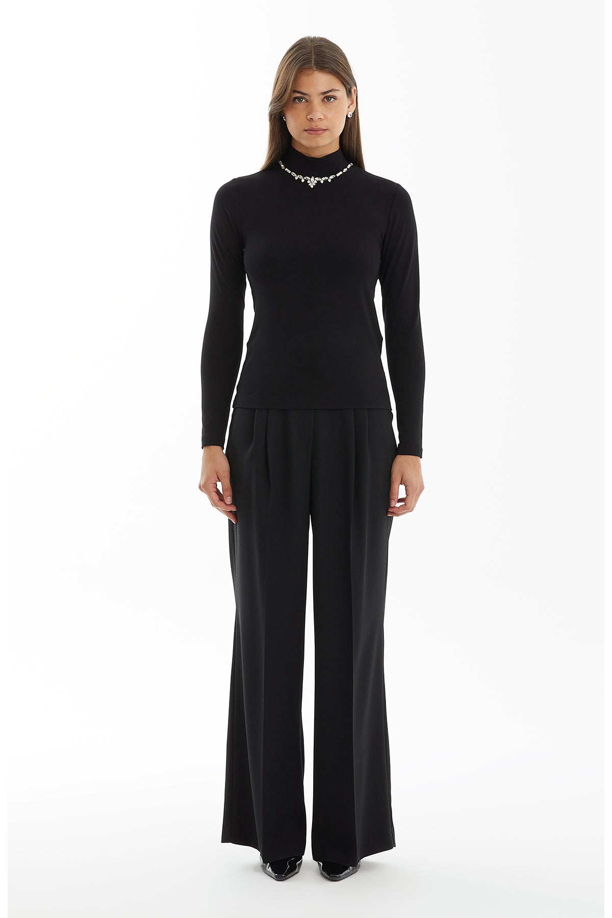 Black Stone-Embellished Turtleneck Blouse