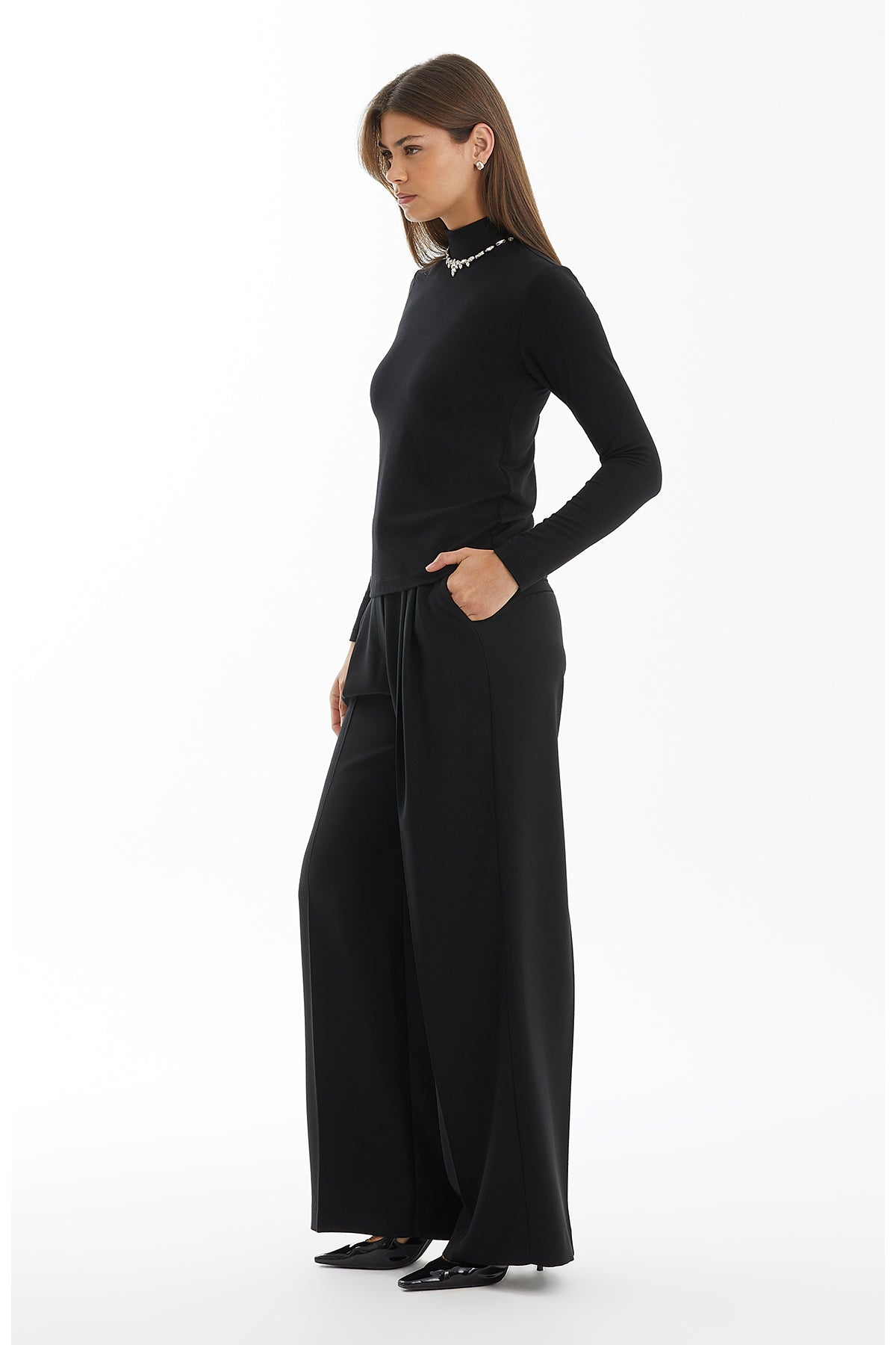 Black Stone-Embellished Turtleneck Blouse