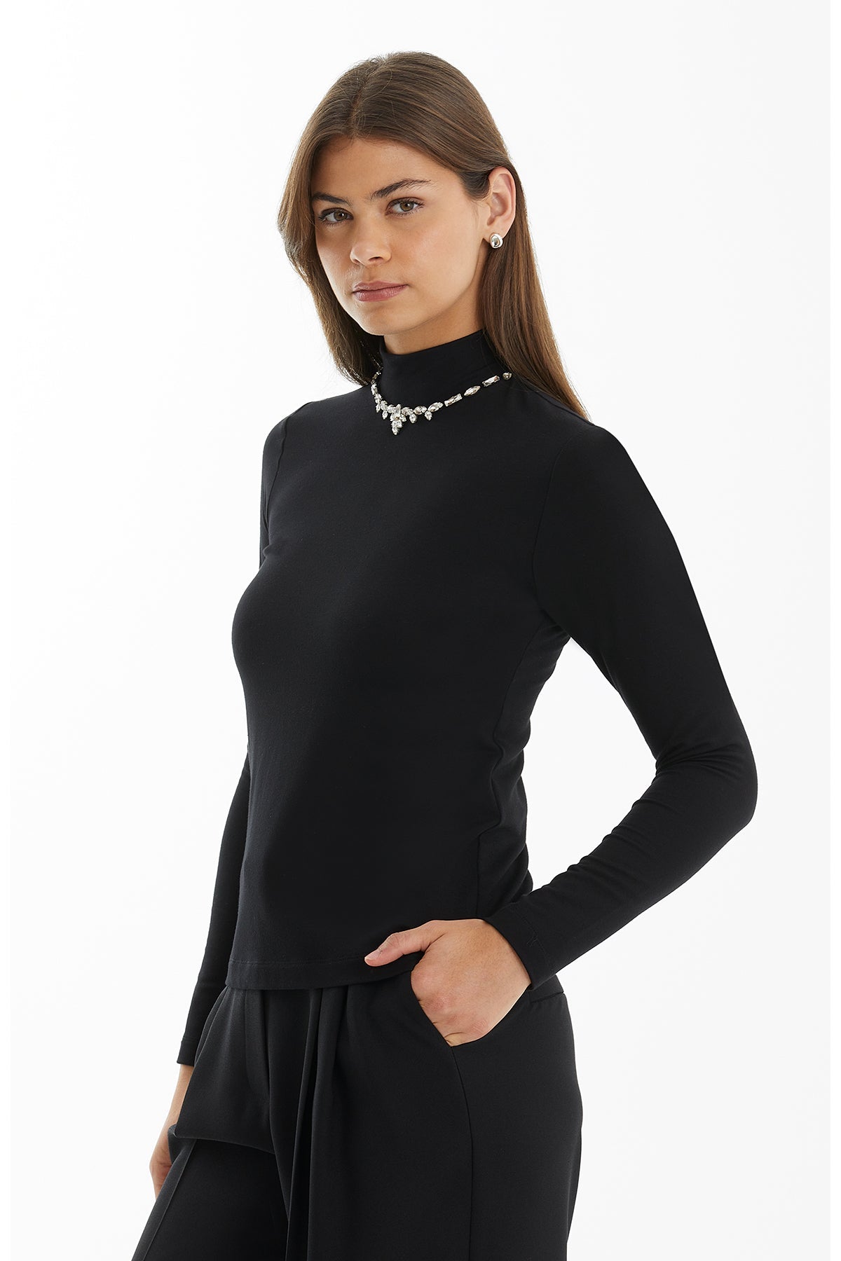 Black Stone-Embellished Turtleneck Blouse
