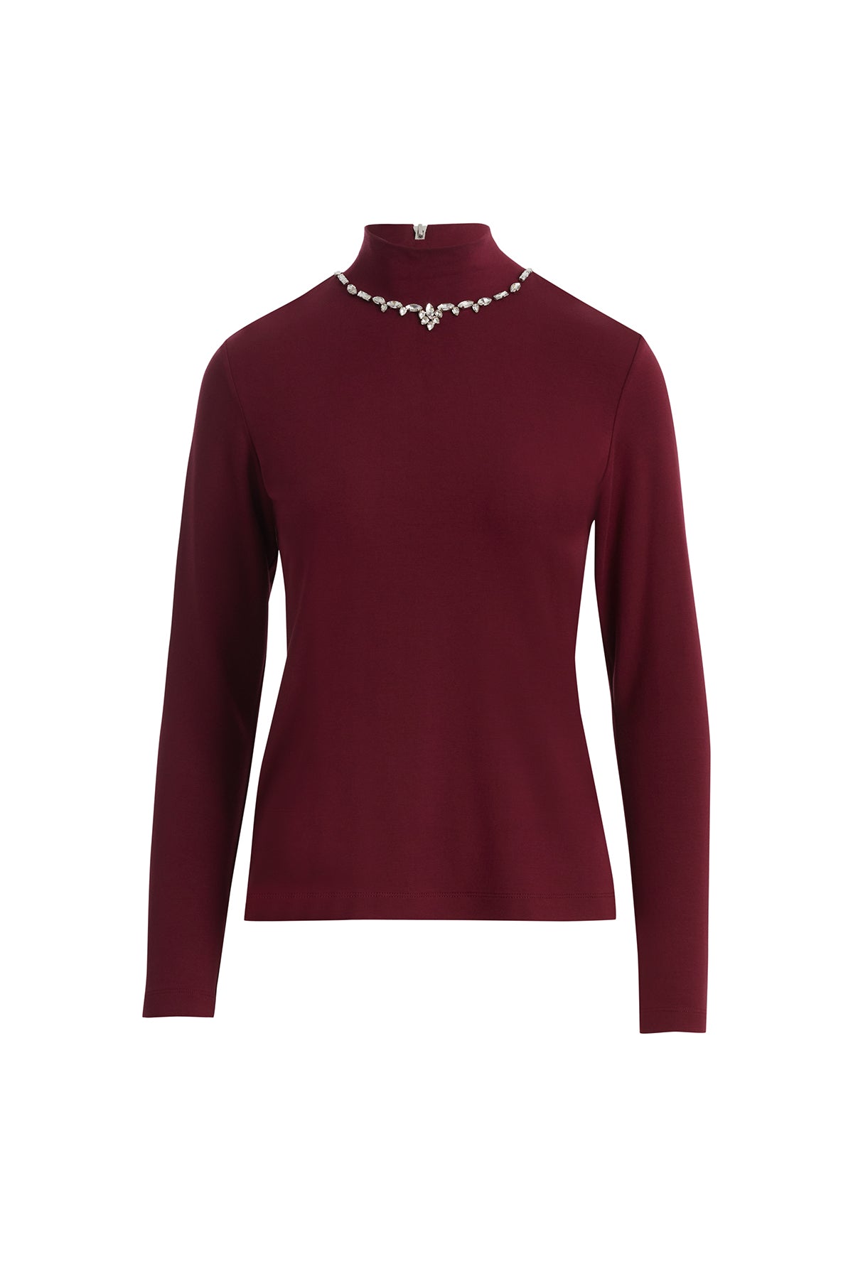 Red Stone-Embellished Turtleneck Blouse