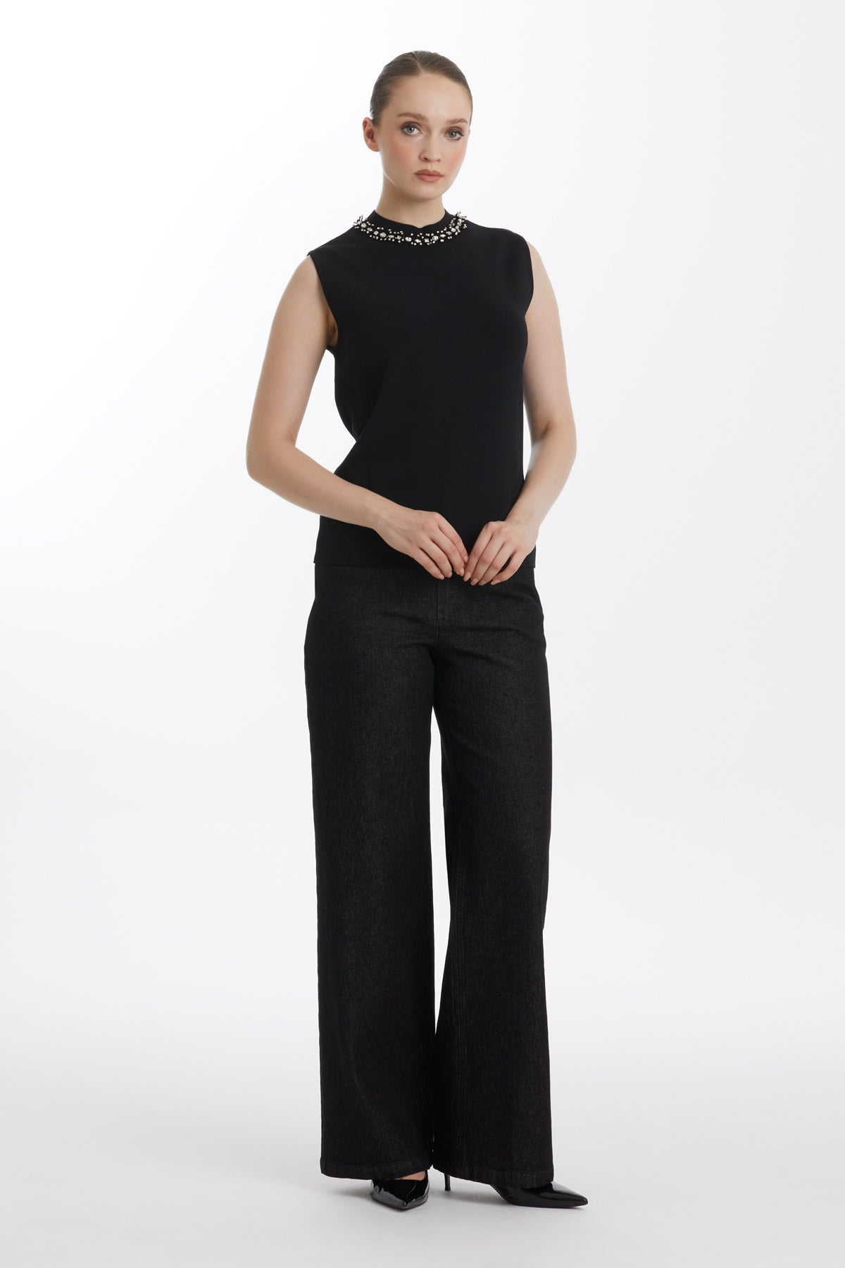 Black Embroidered Sleeveless Knit Top