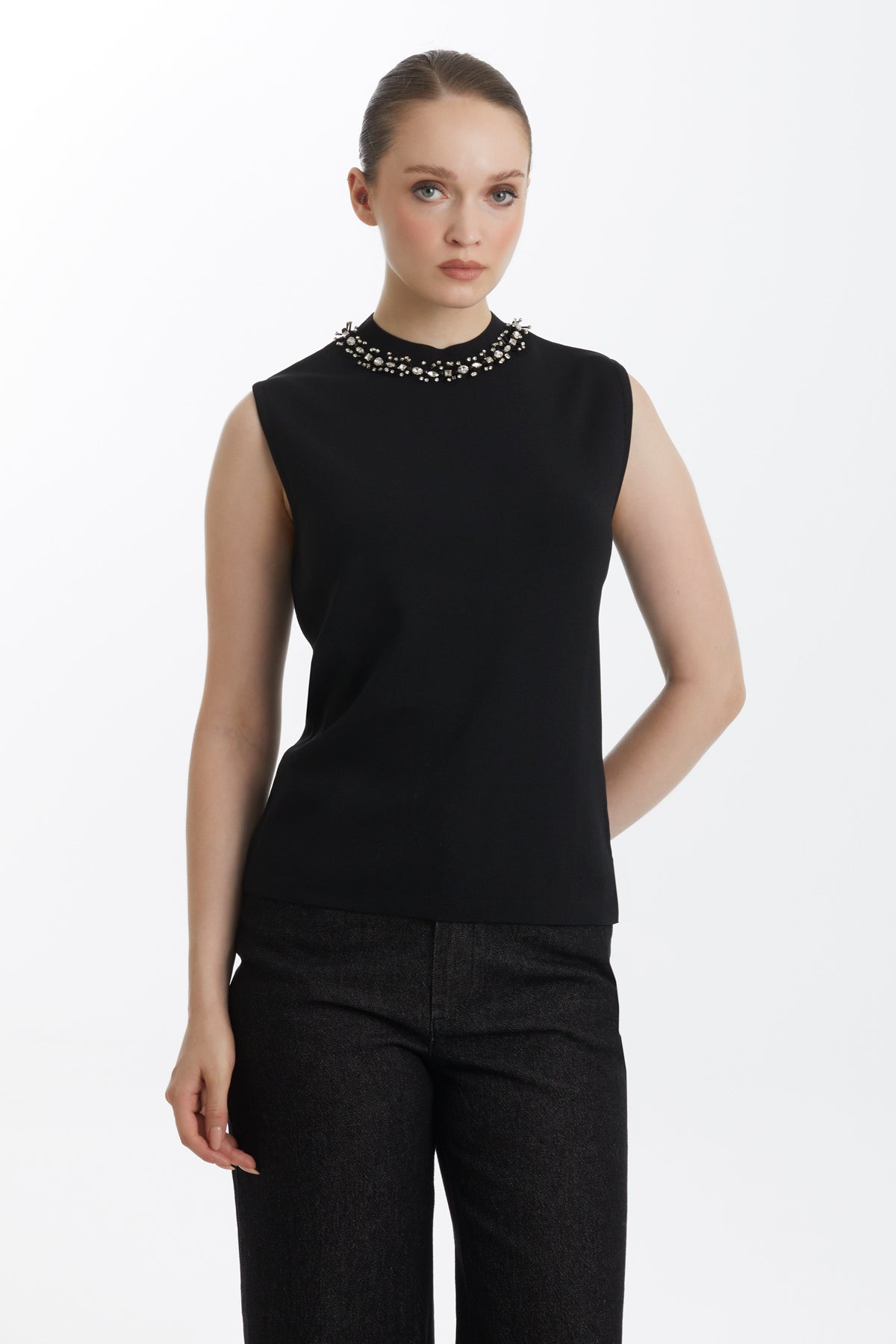 Black Embroidered Sleeveless Knit Top