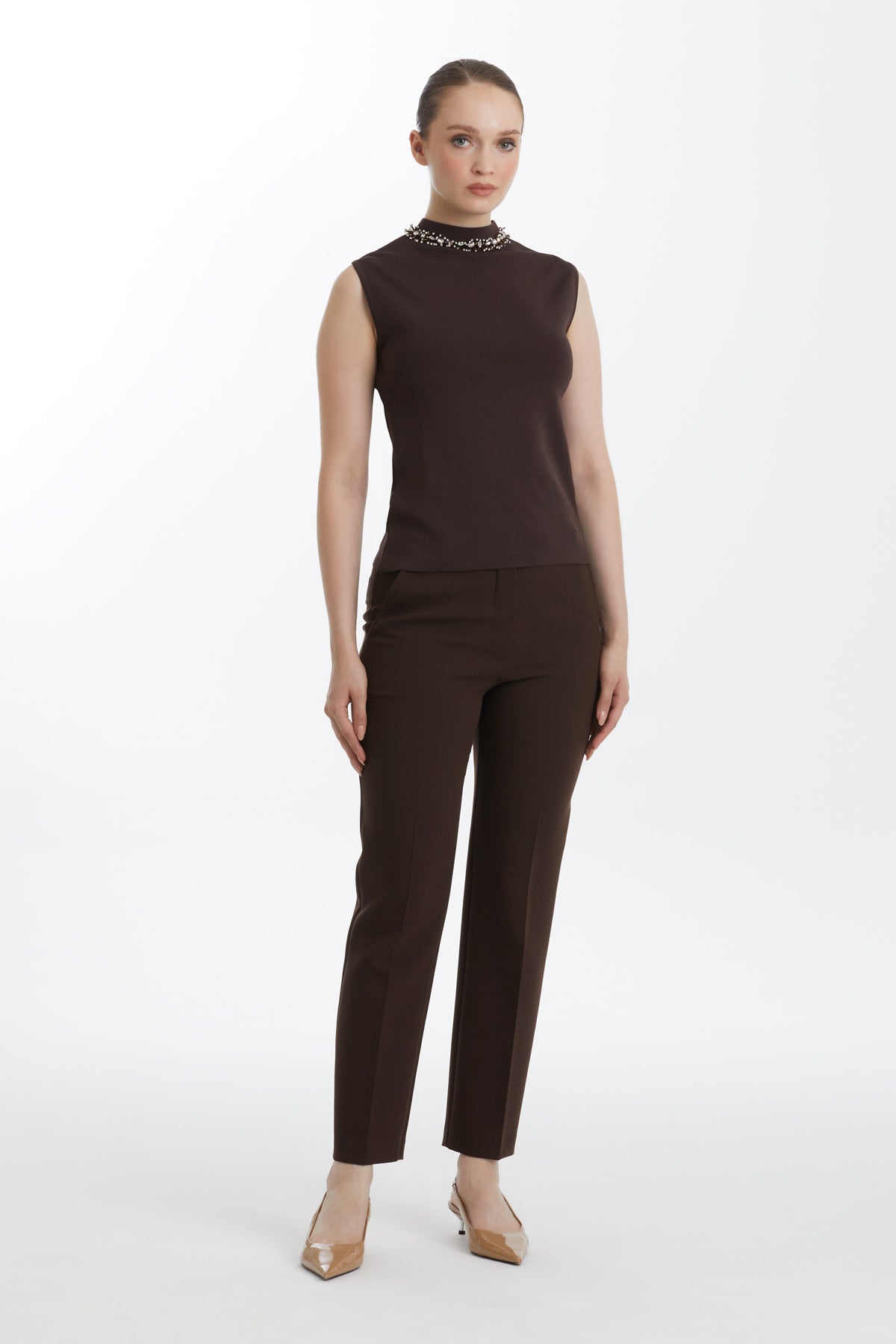 Brown Embroidered Sleeveless Knit Top
