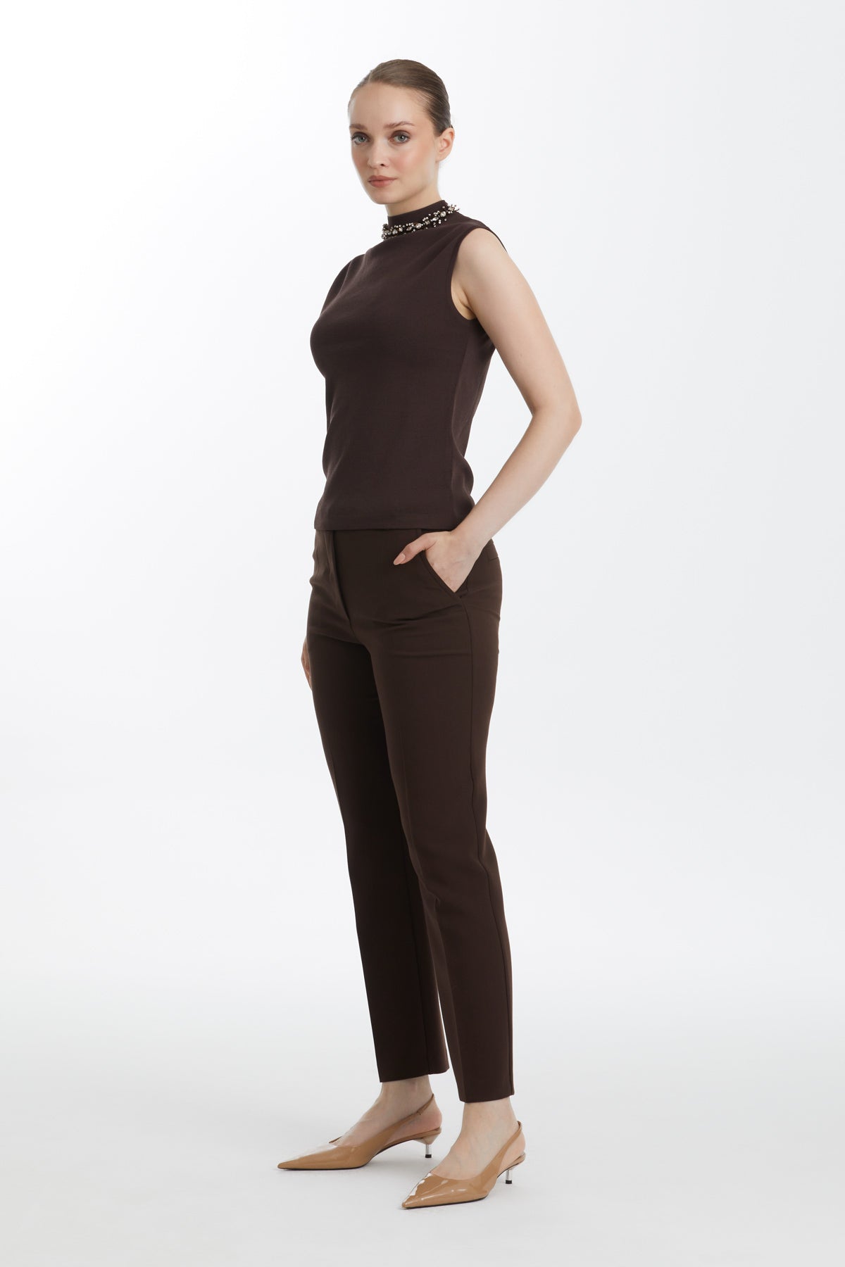 Brown Embroidered Sleeveless Knit Top