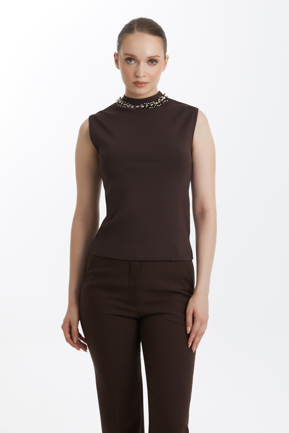 Brown Embroidered Sleeveless Knit Top