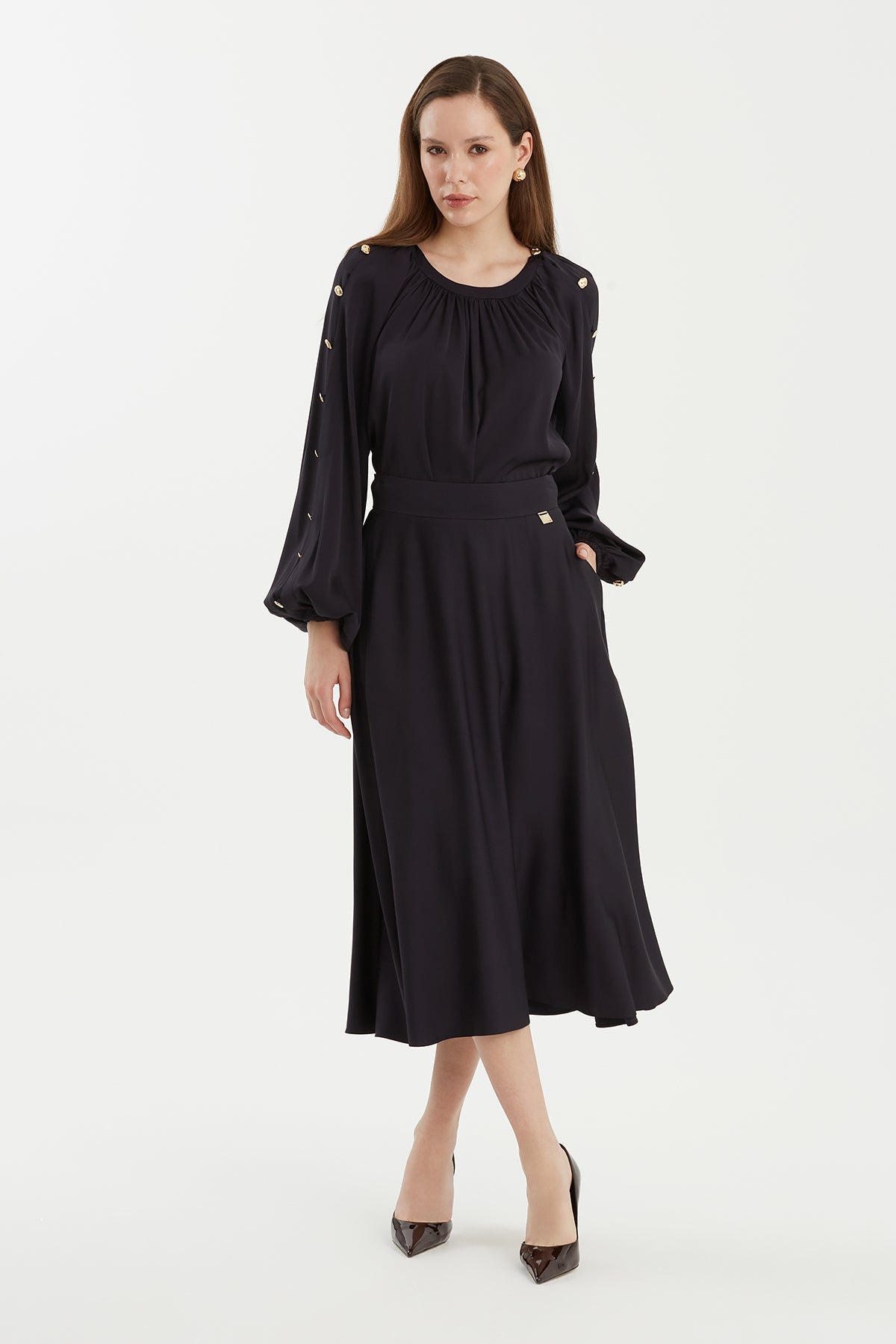 Dark Navy Maxi Flared Skirt with Metal Logo