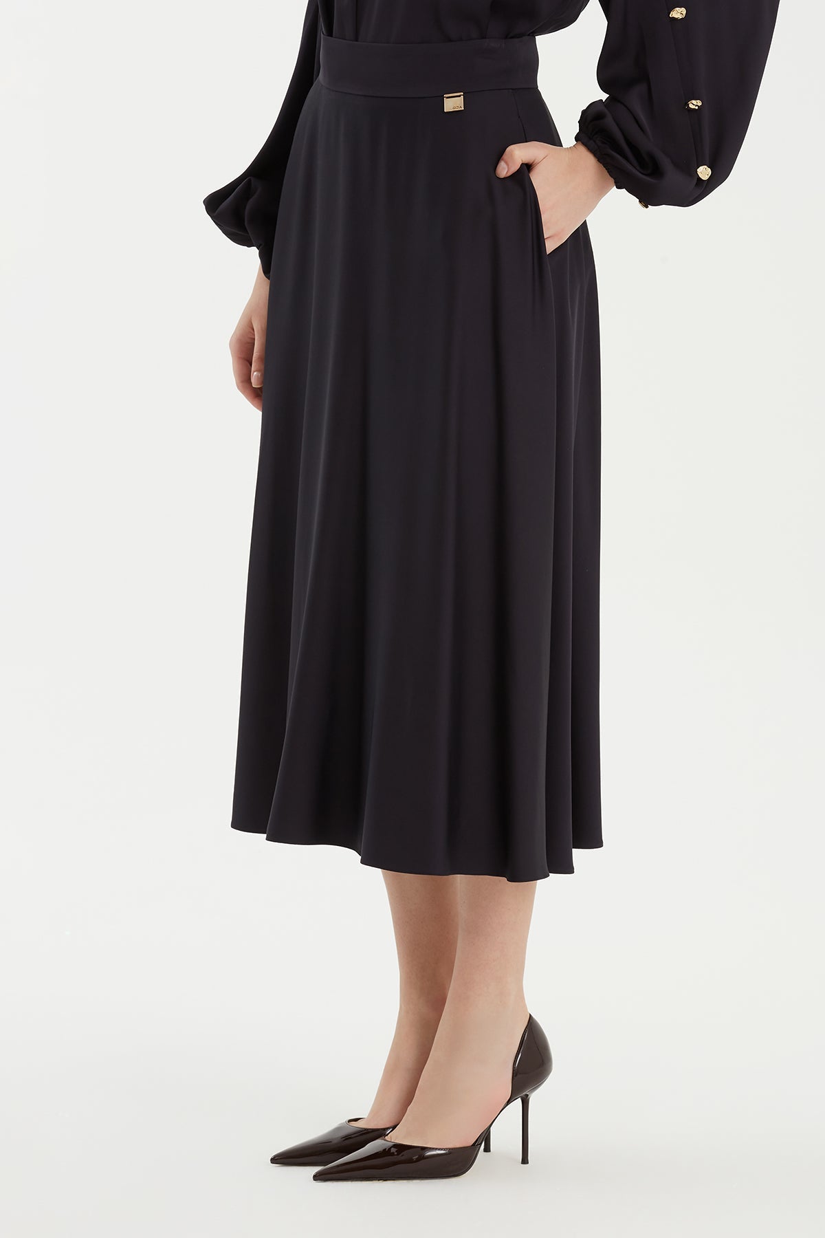 Dark Navy Maxi Flared Skirt with Metal Logo