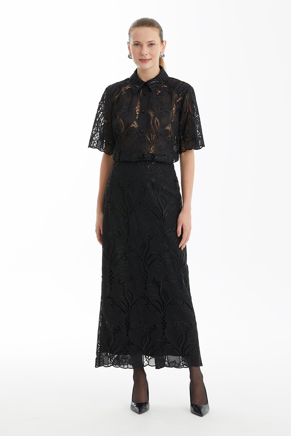 Black Patterned Slit Pencil Skirt