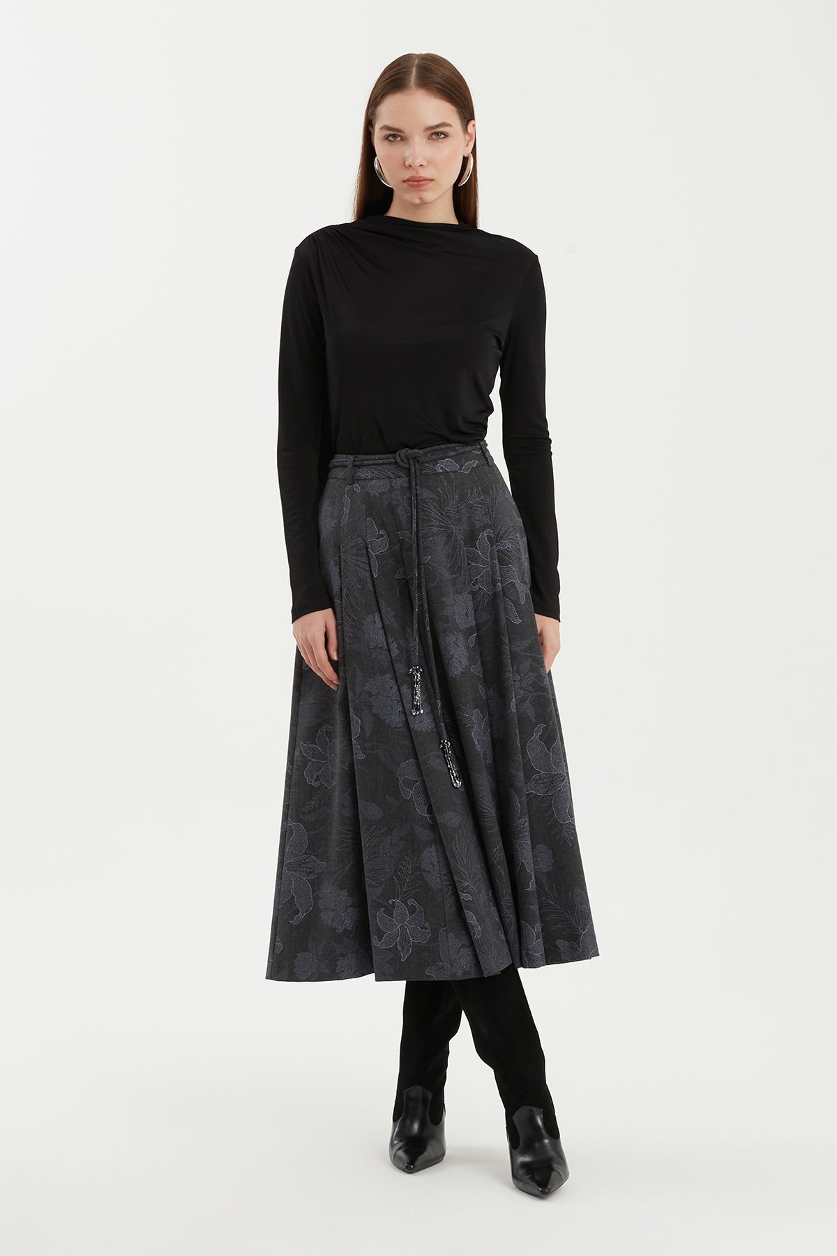 Grey Patterned Midi Flared Skirt with Cord Detail