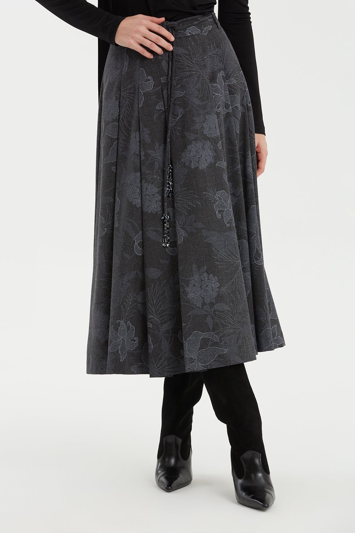 Grey Patterned Midi Flared Skirt with Cord Detail