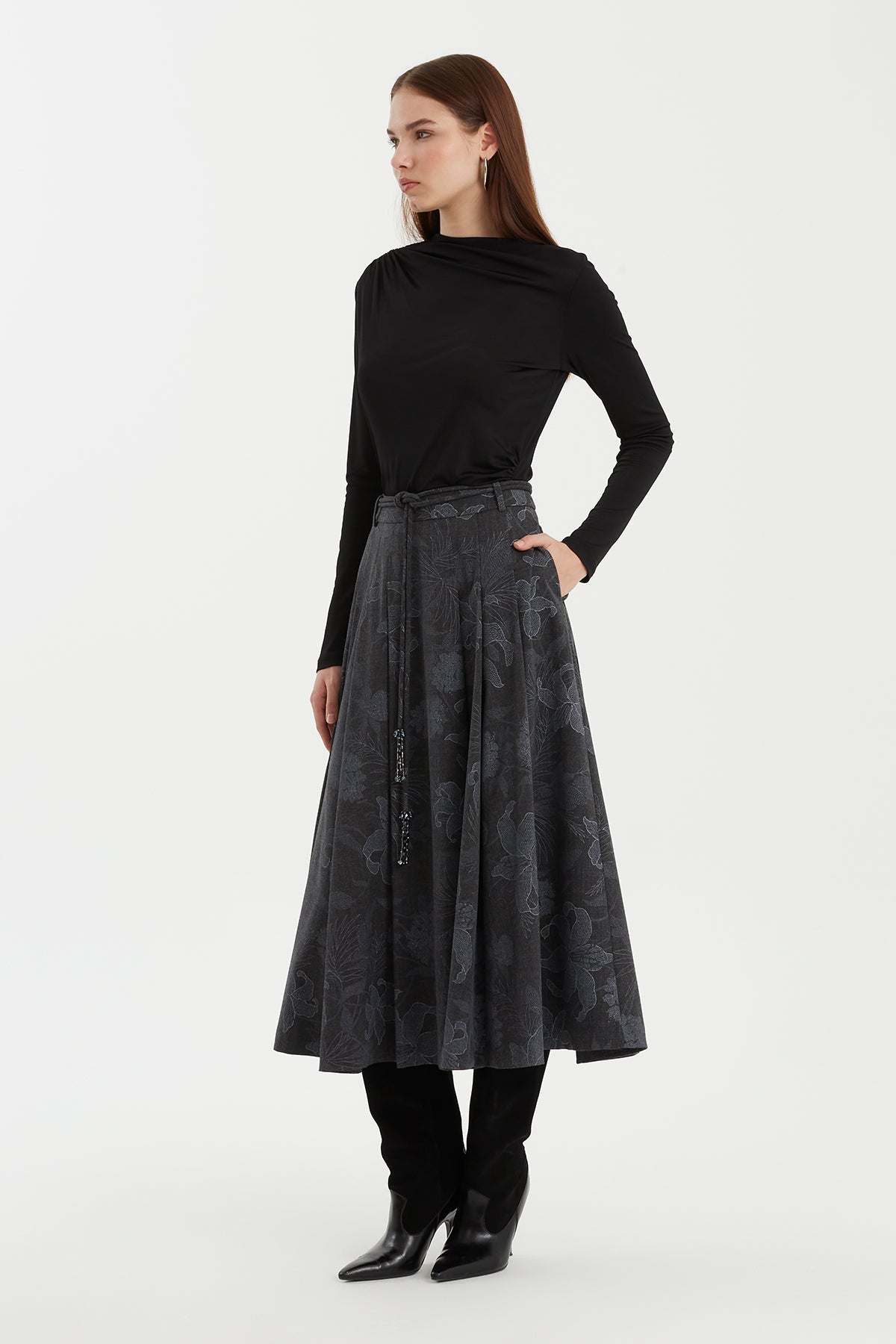 Grey Patterned Midi Flared Skirt with Cord Detail