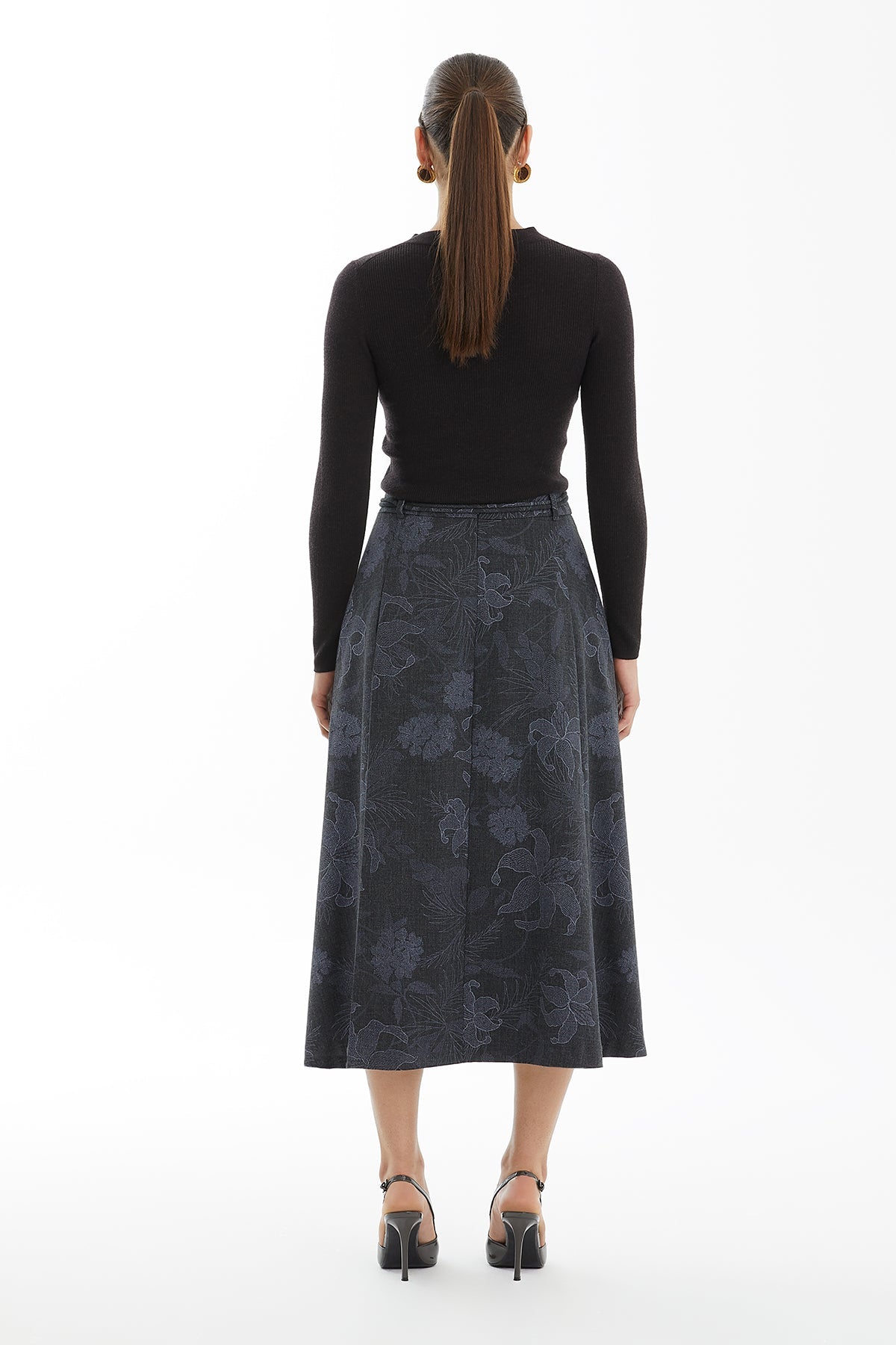 Grey Patterned Midi Flared Skirt with Cord Detail