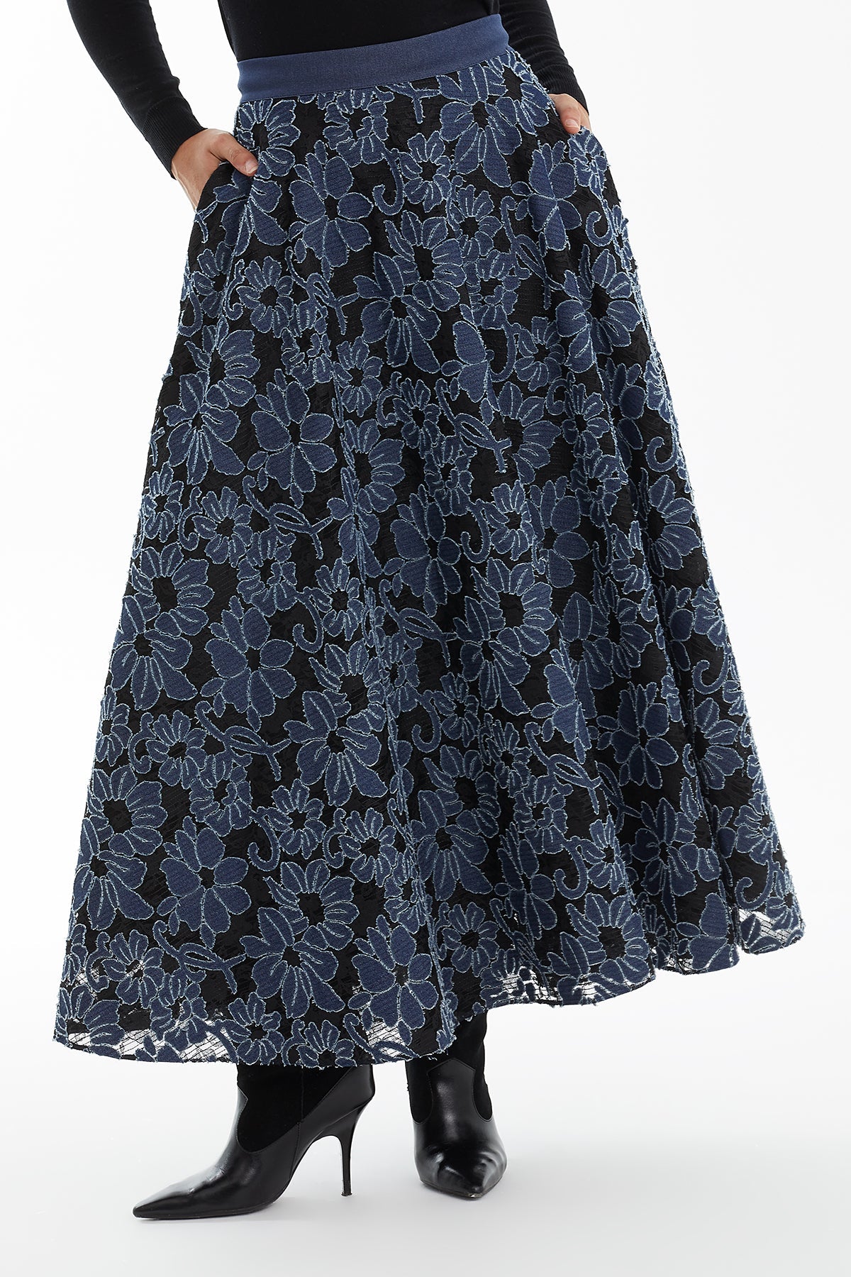 Dark Navy Patterned Flared Denim Skirt