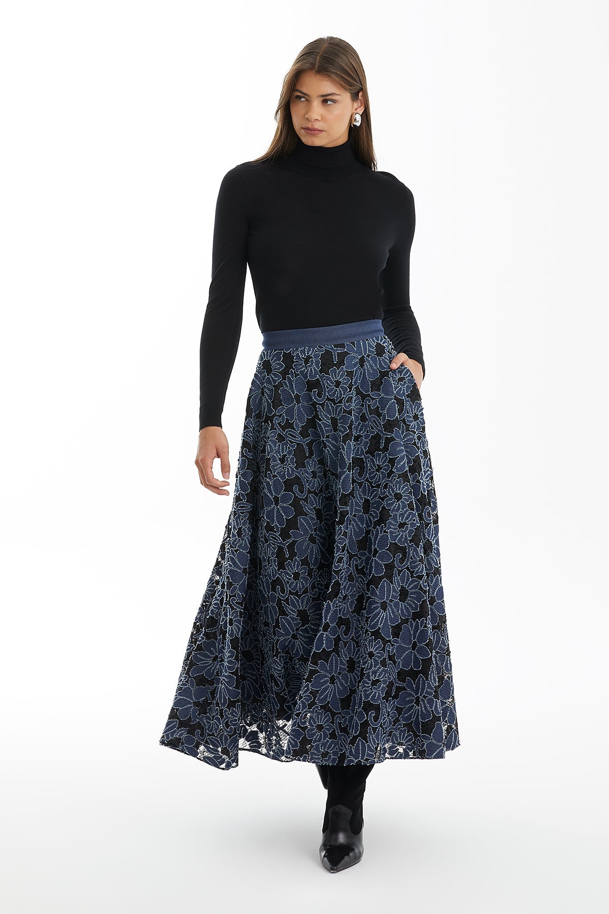 Dark Navy Patterned Flared Denim Skirt