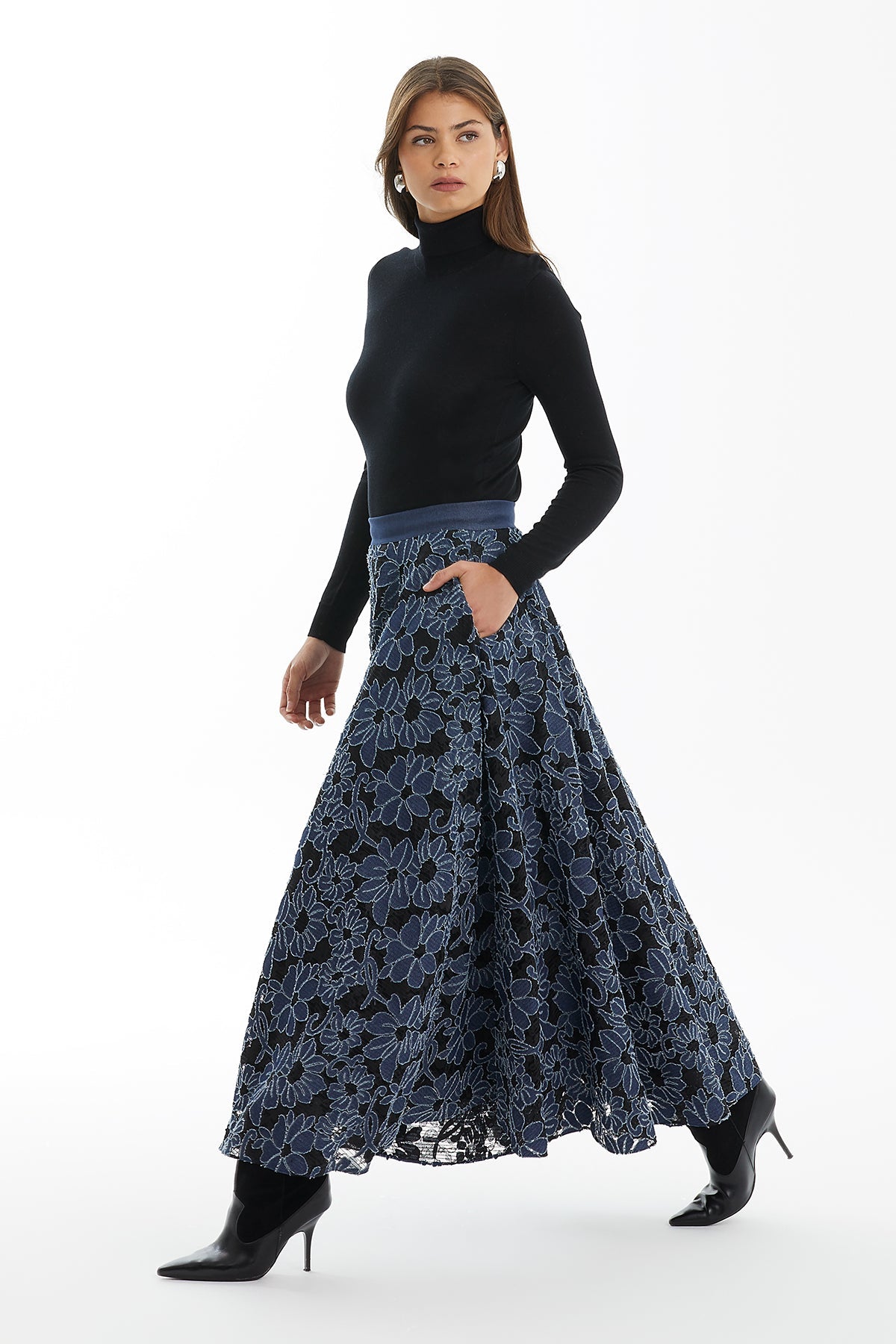 Dark Navy Patterned Flared Denim Skirt