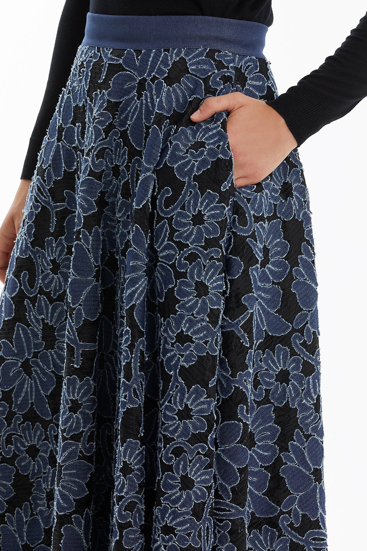 Dark Navy Patterned Flared Denim Skirt
