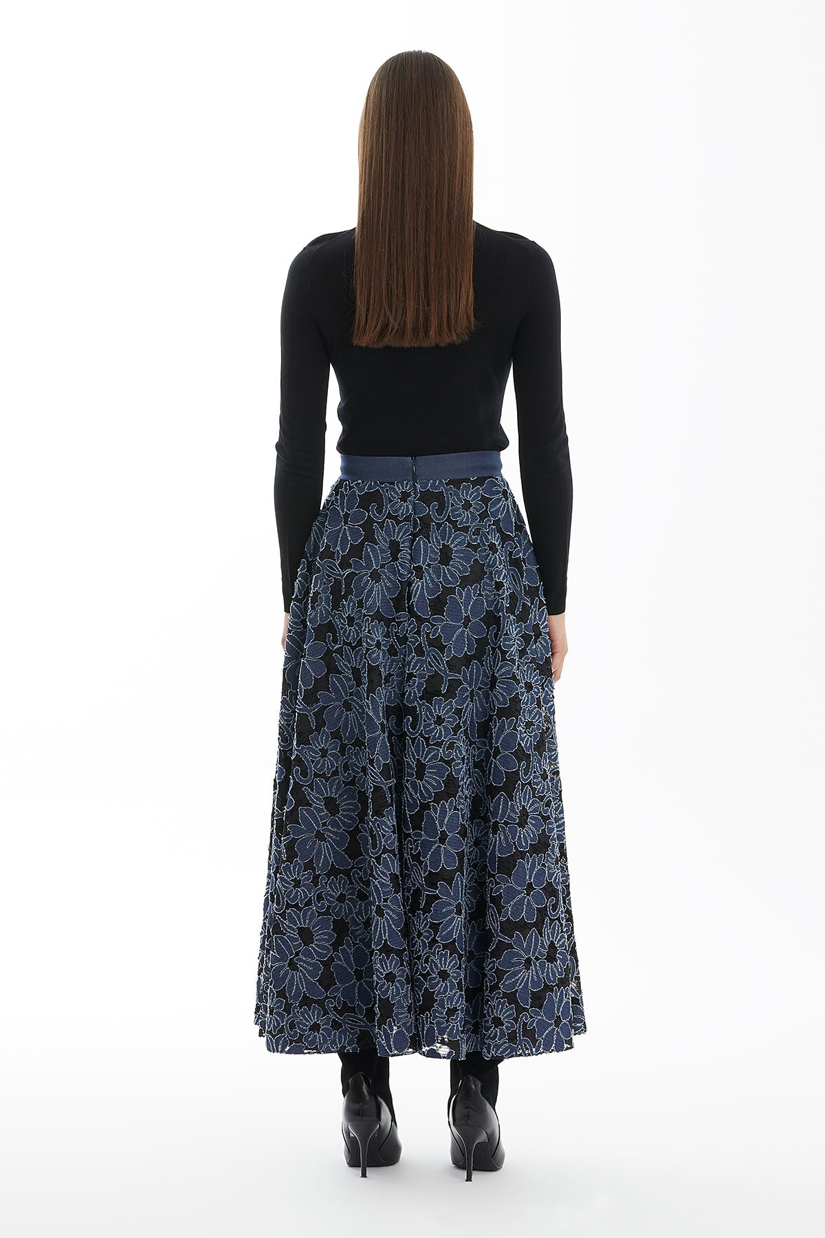 Dark Navy Patterned Flared Denim Skirt