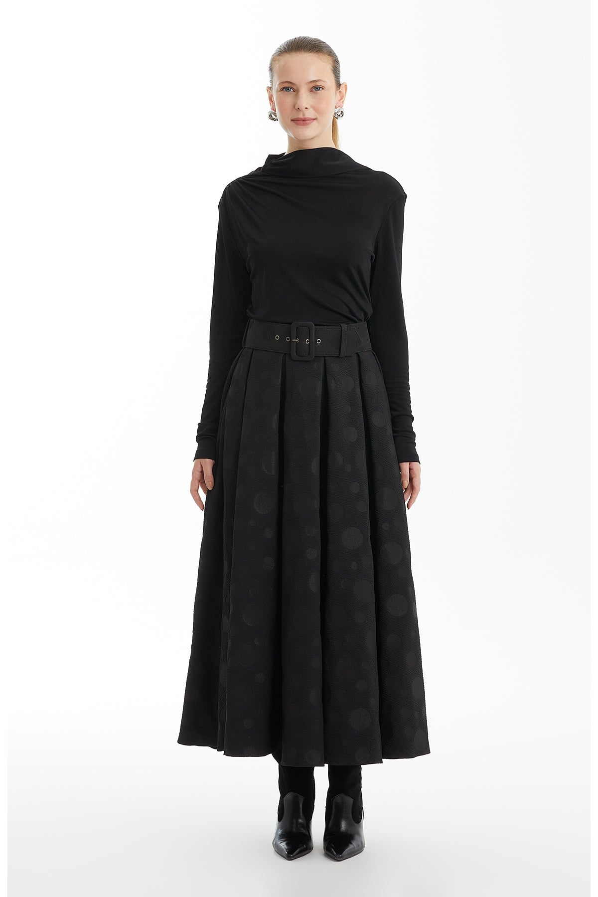 Black Patterned Midi Skirt with Belt Detail