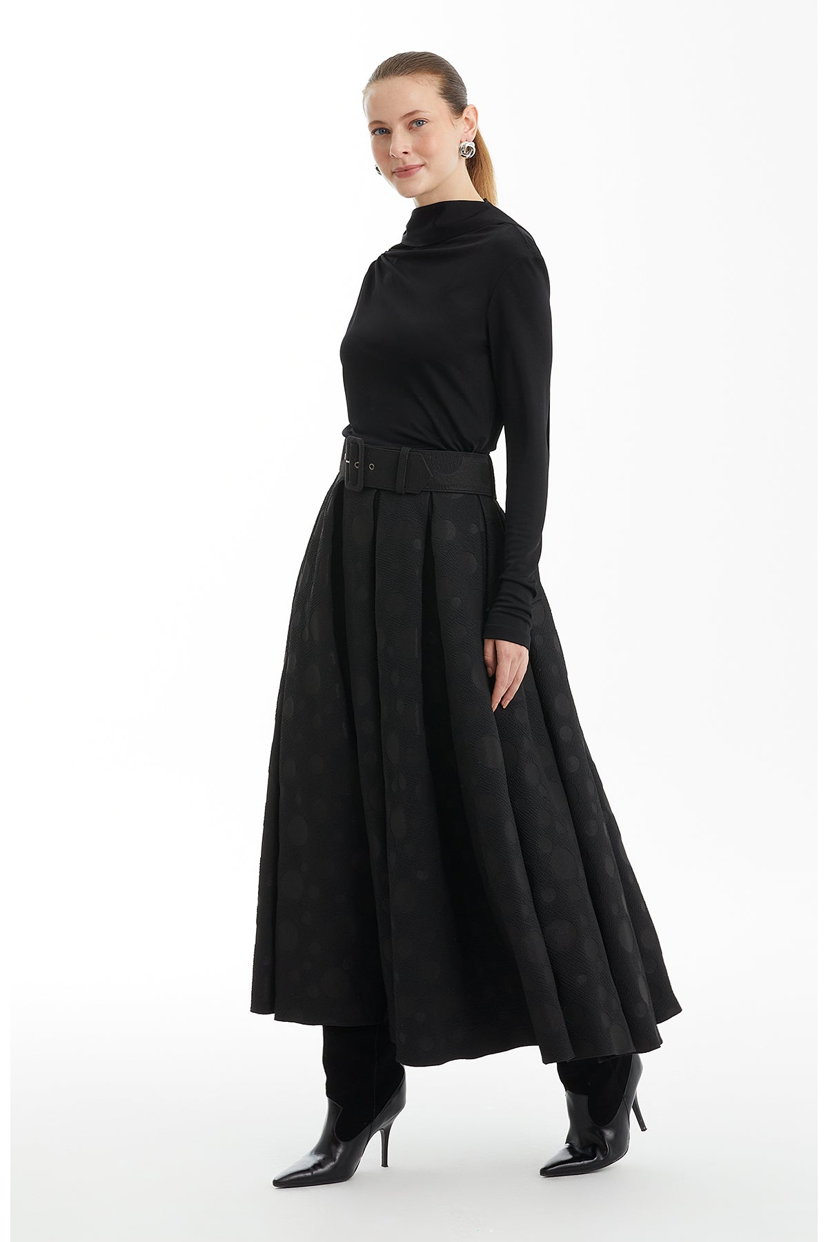 Black Patterned Midi Skirt with Belt Detail