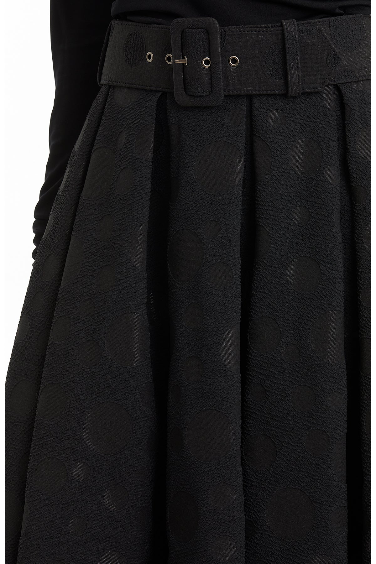 Black Patterned Midi Skirt with Belt Detail