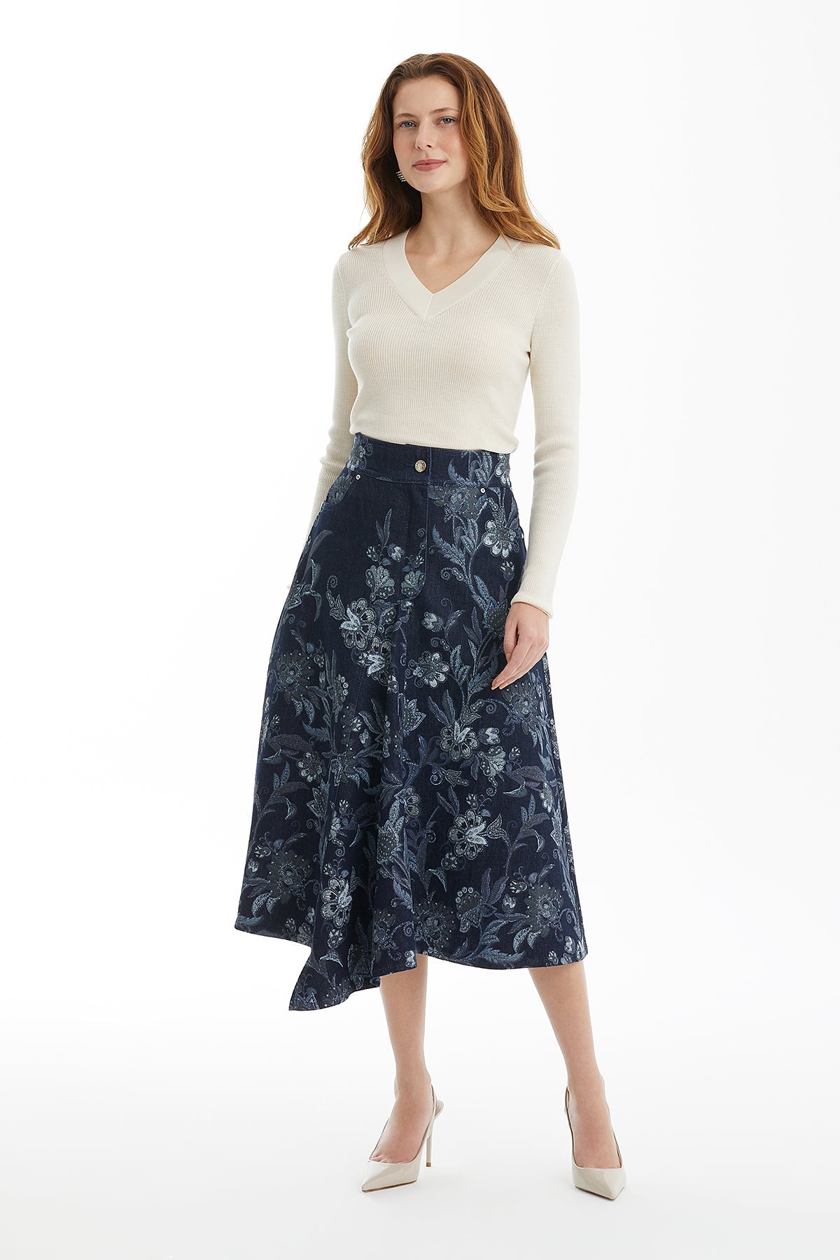 Stone Detail Denim Midi Skirt