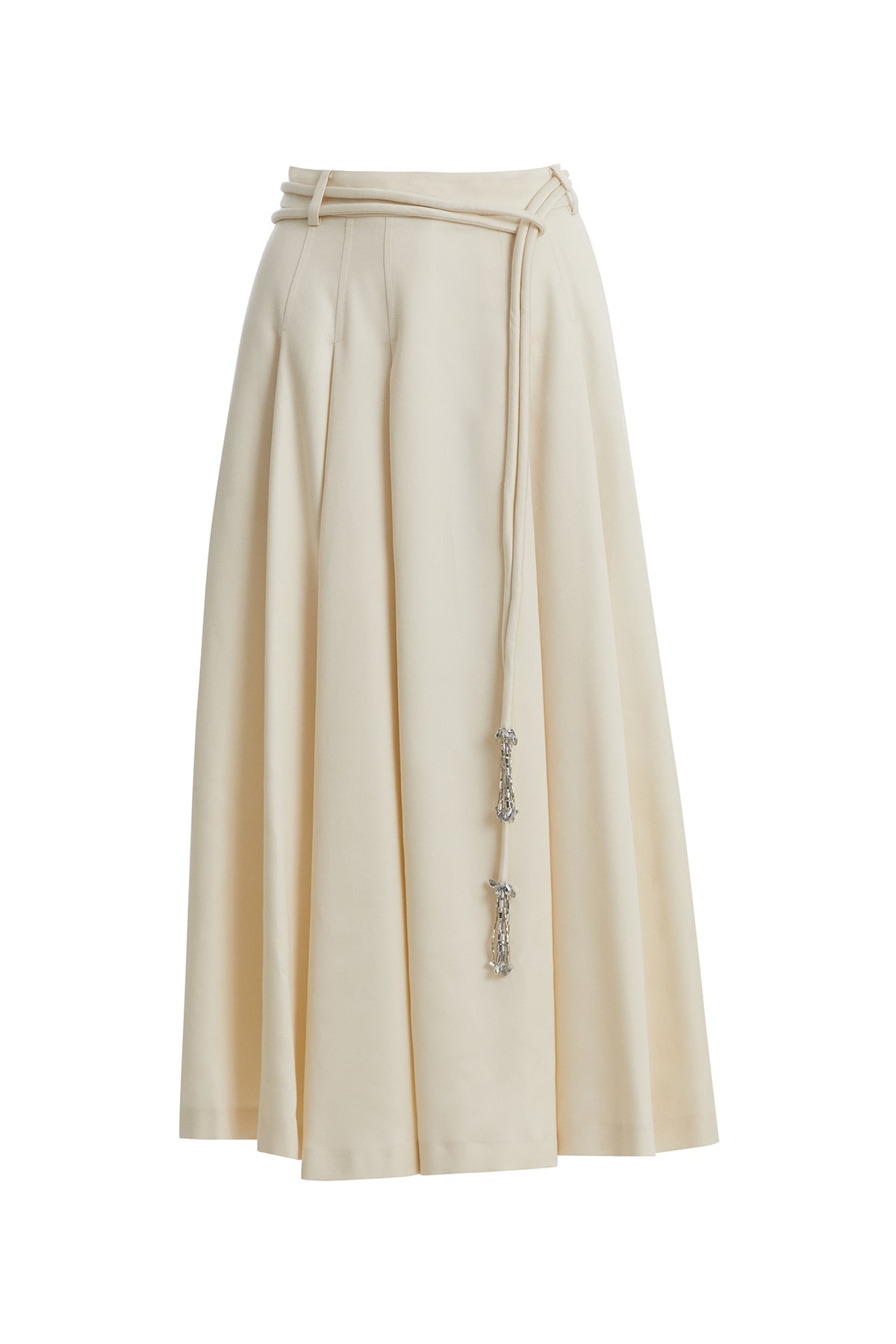 Ecru Midi Skirt with Embroidered Cord Ends