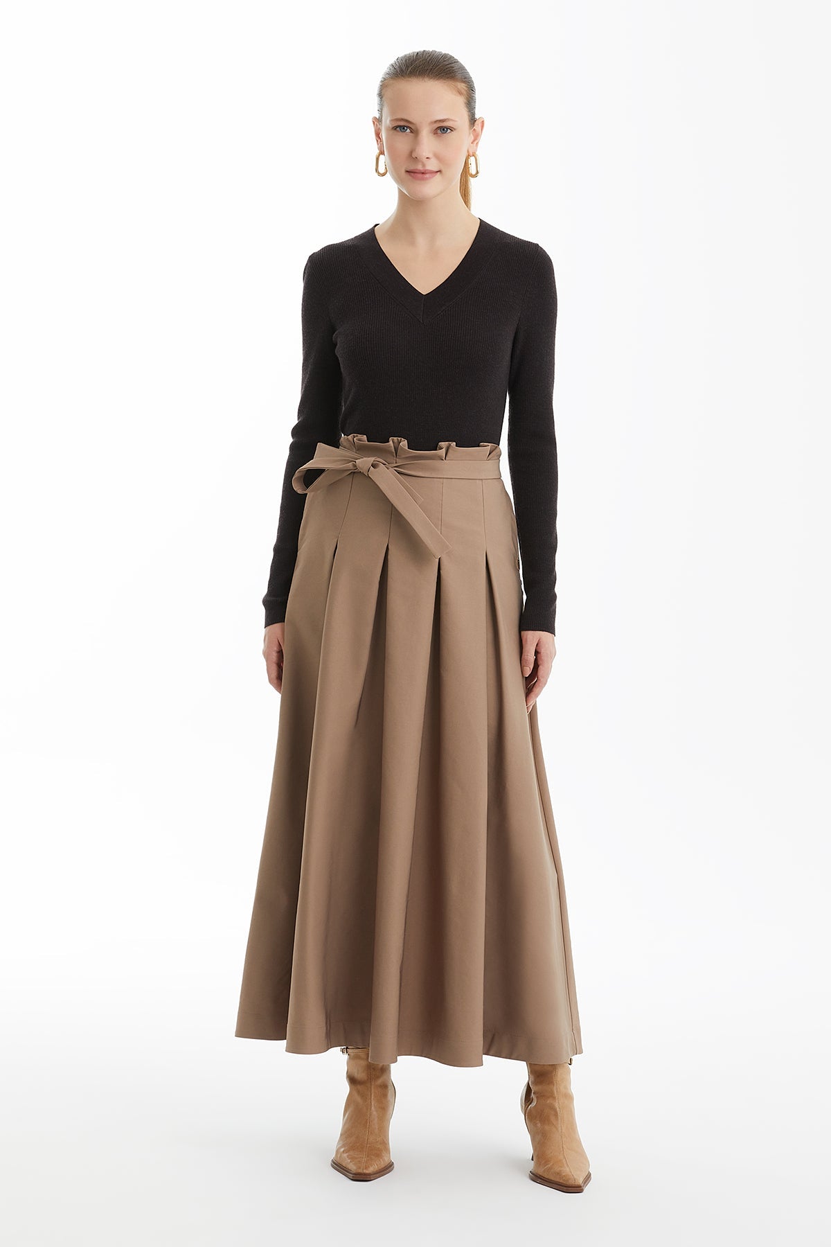 Brown Logo Midi Skirt with Detachable Sash