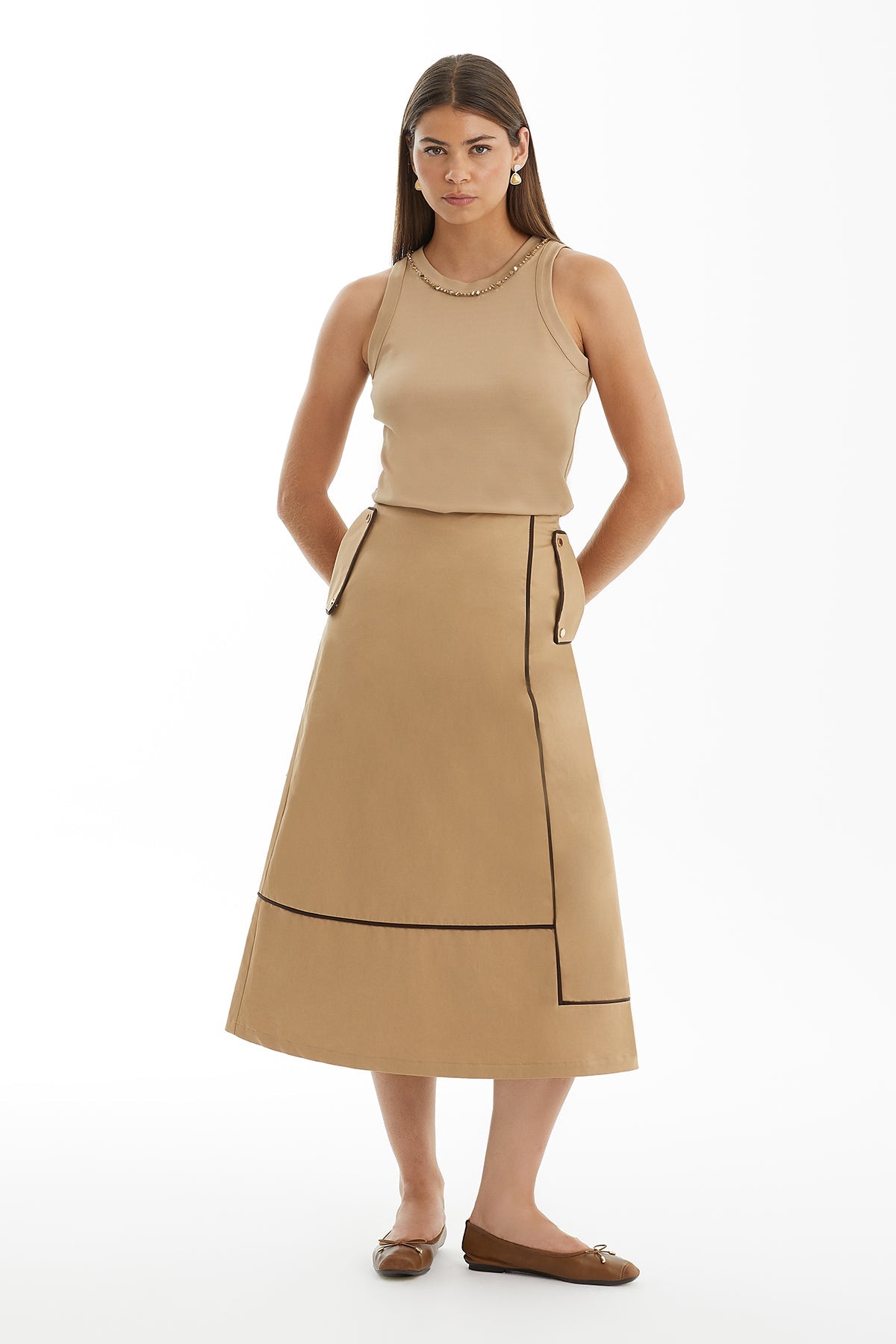 Brown Midi Skirt with Piping Detail