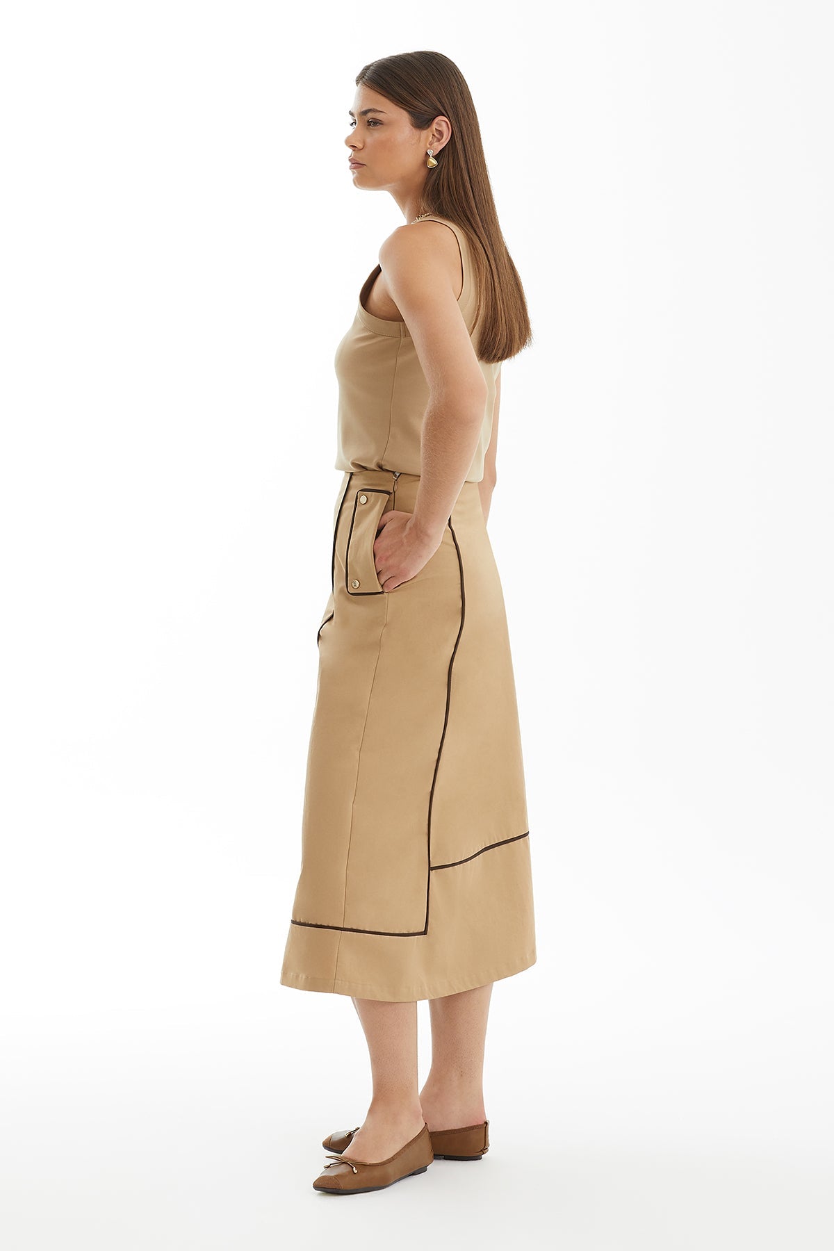 Brown Midi Skirt with Piping Detail