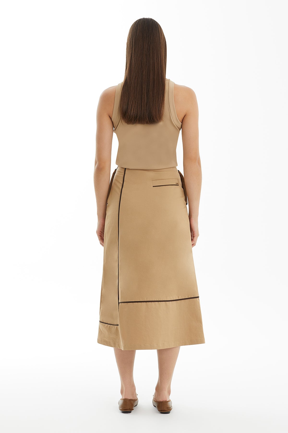 Brown Midi Skirt with Piping Detail