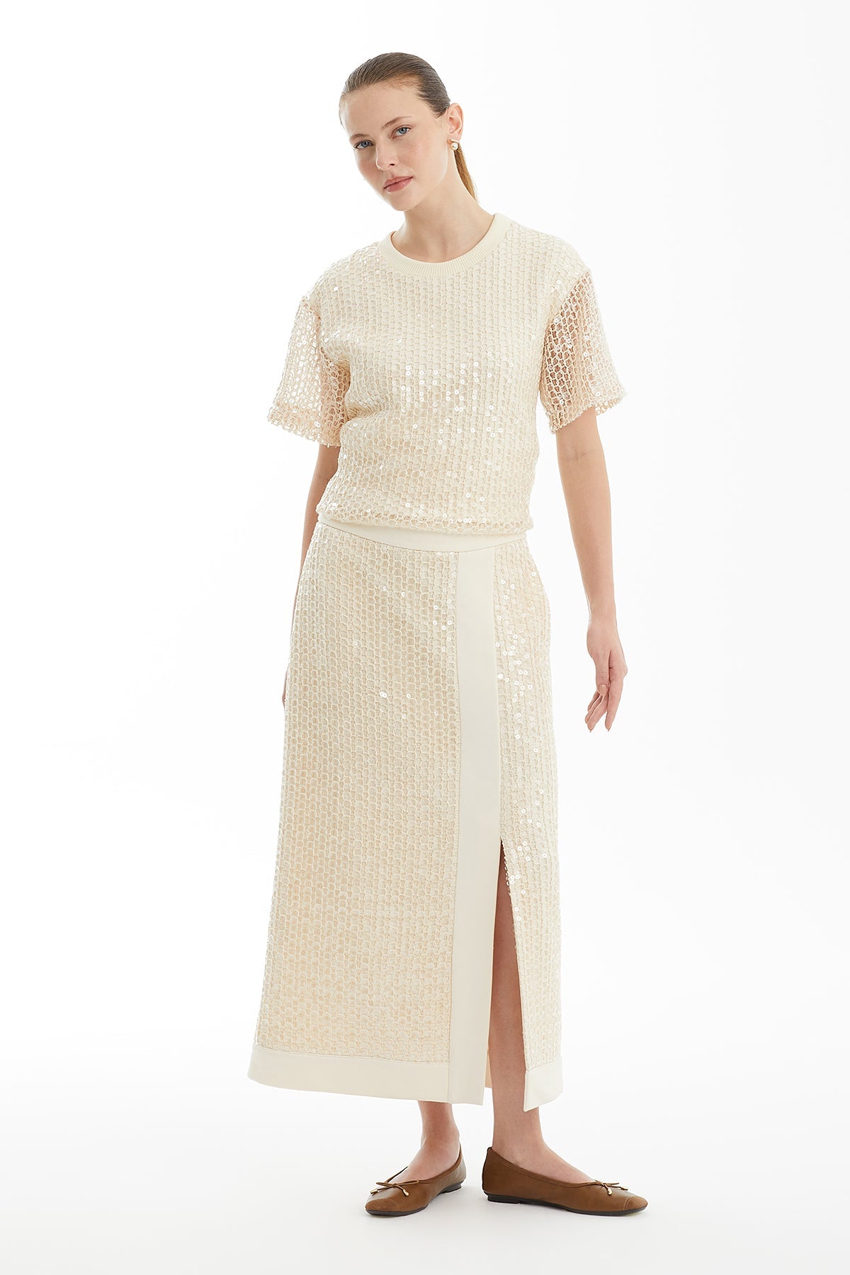Ecru Slit Pencil Knit Skirt