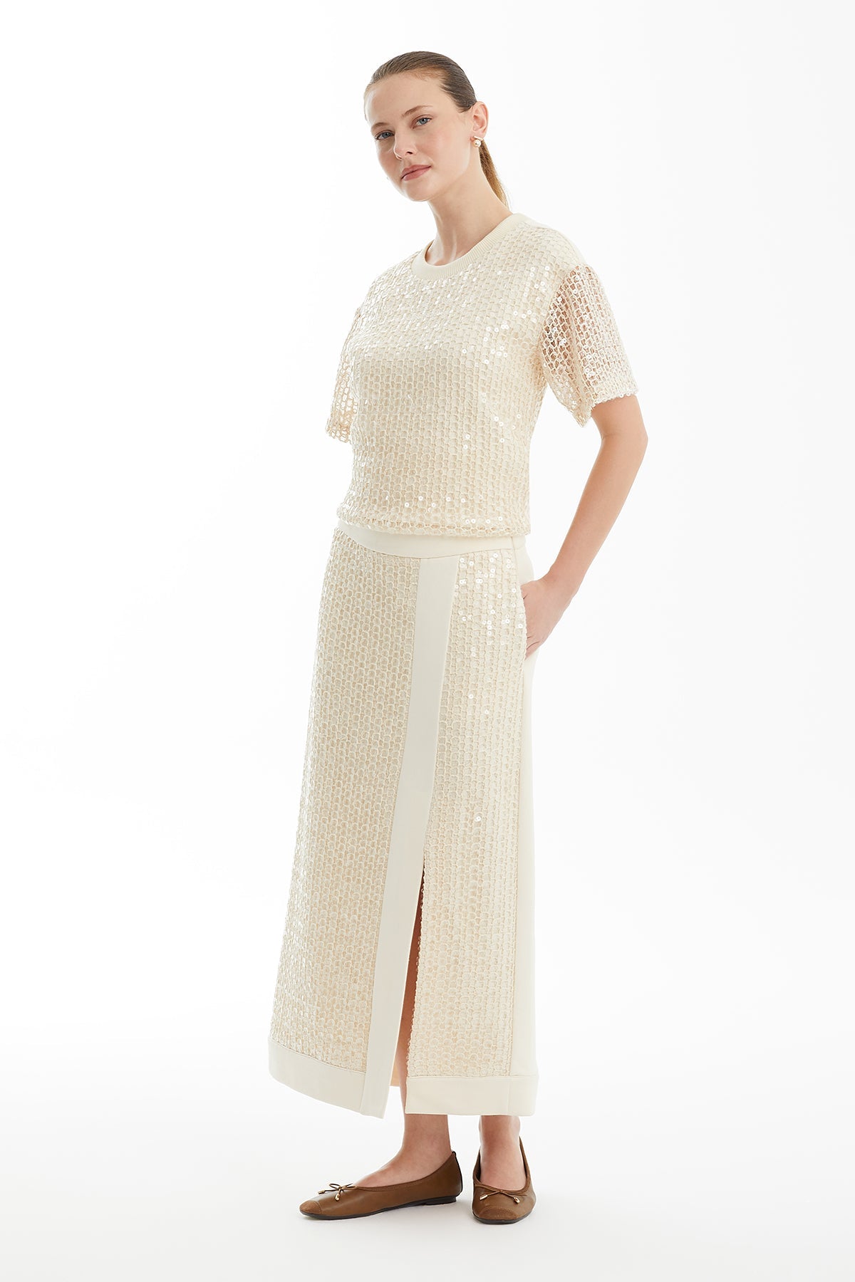 Ecru Slit Pencil Knit Skirt