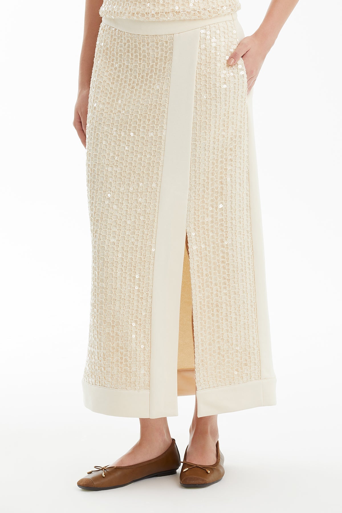 Ecru Slit Pencil Knit Skirt