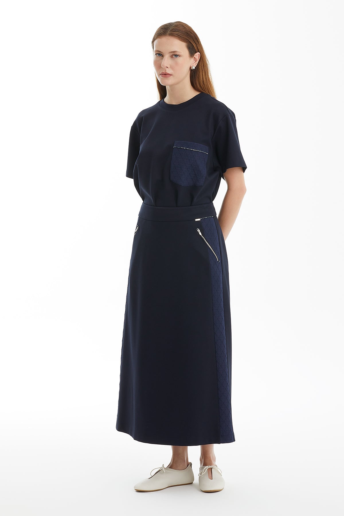 Dark Navy Skirt with Geometric Side Stripes