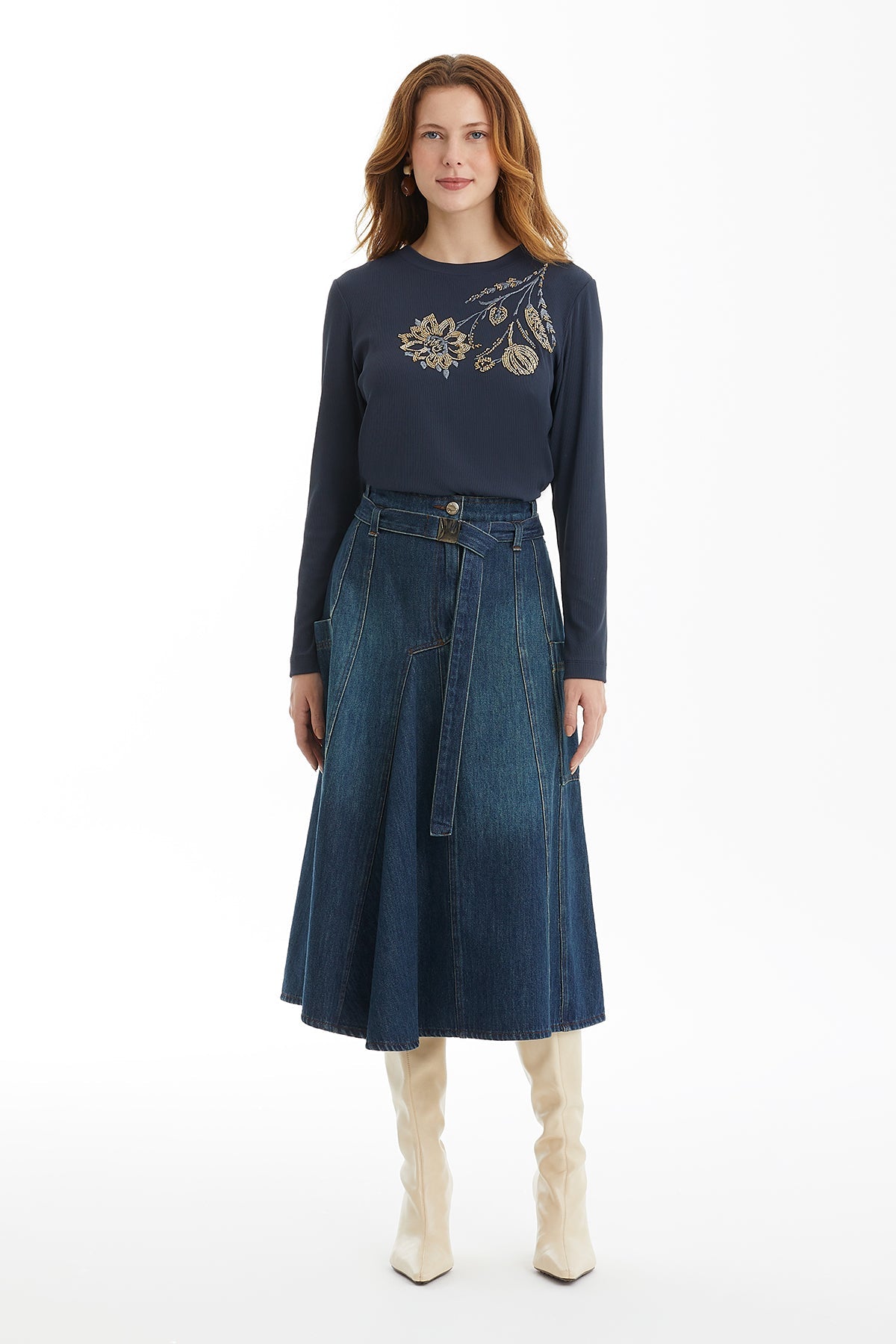 Blue Belted Denim Skirt with Metal Jacron Detail