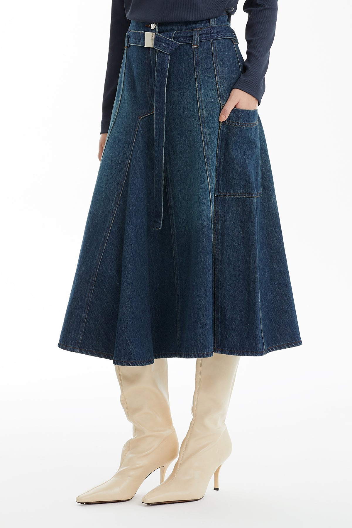 Blue Belted Denim Skirt with Metal Jacron Detail