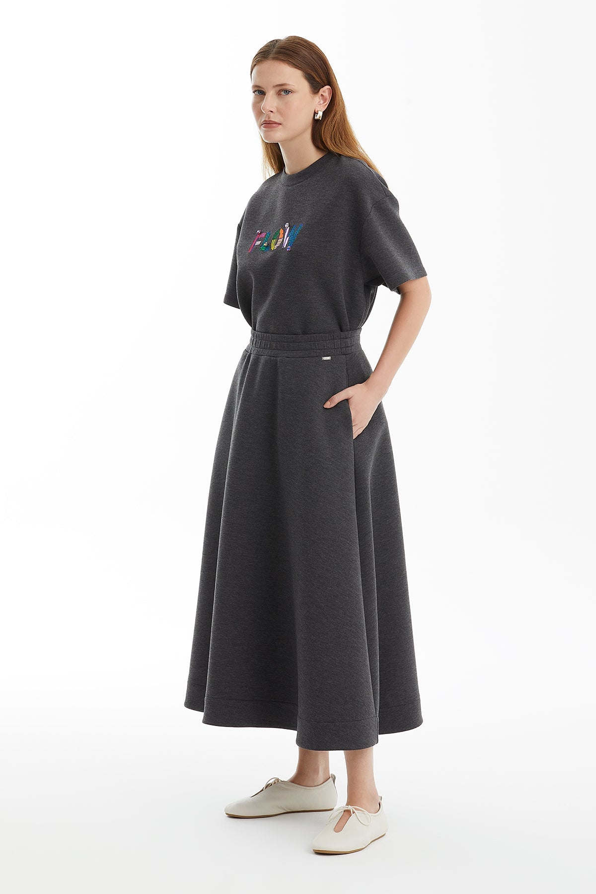 Grey Pocketed Flared Skirt