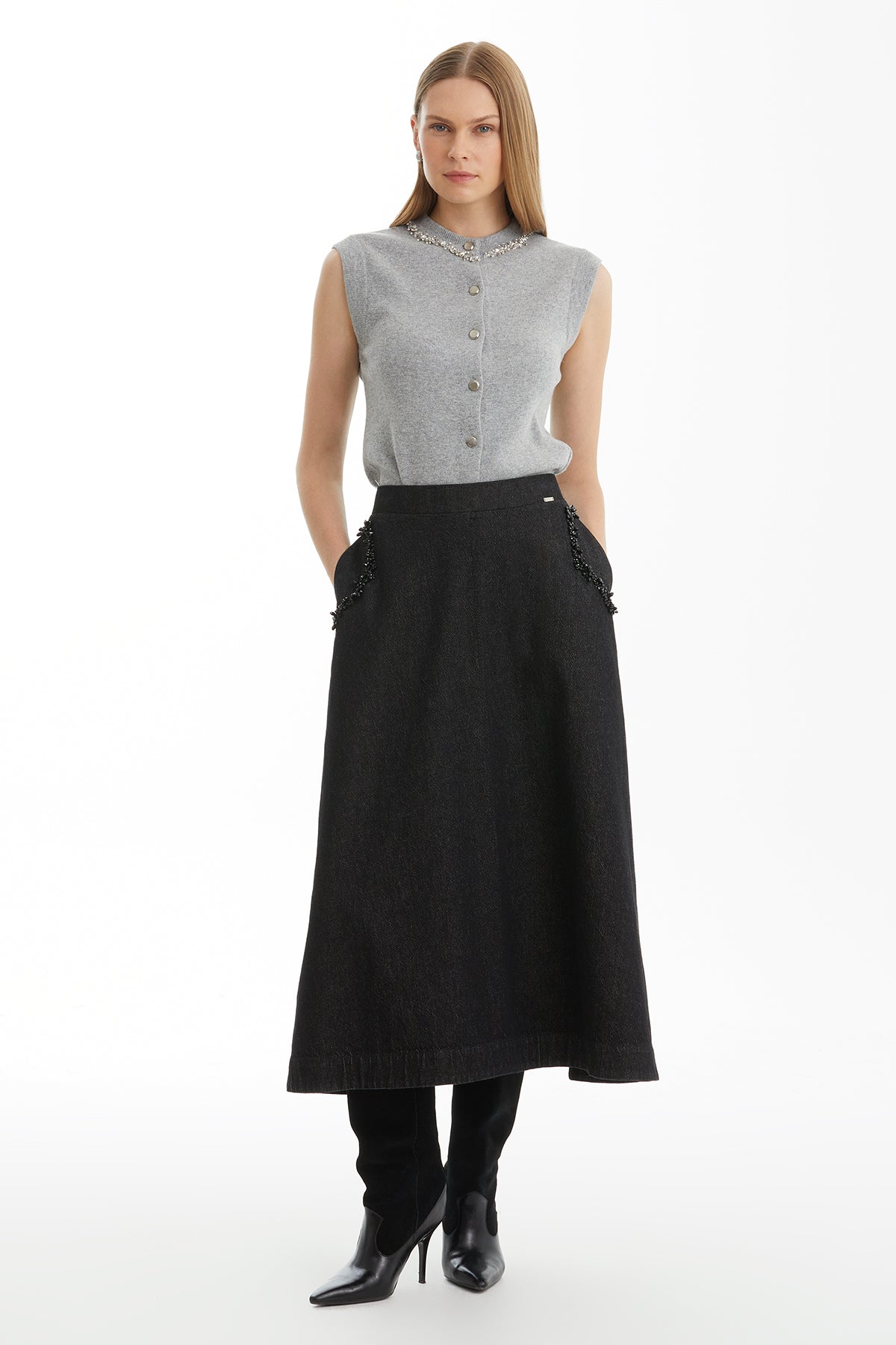 Black Embroidered Denim Skirt