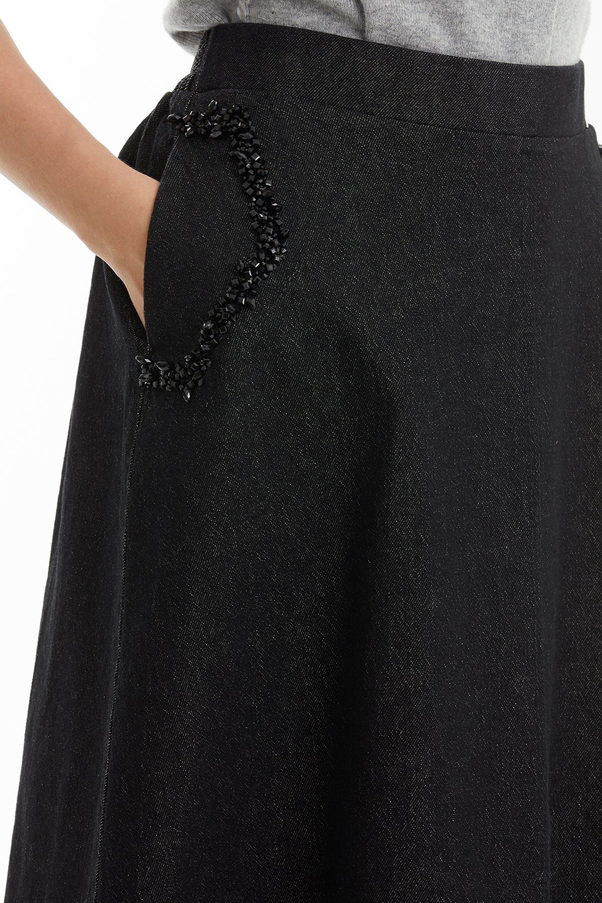 Black Embroidered Denim Skirt