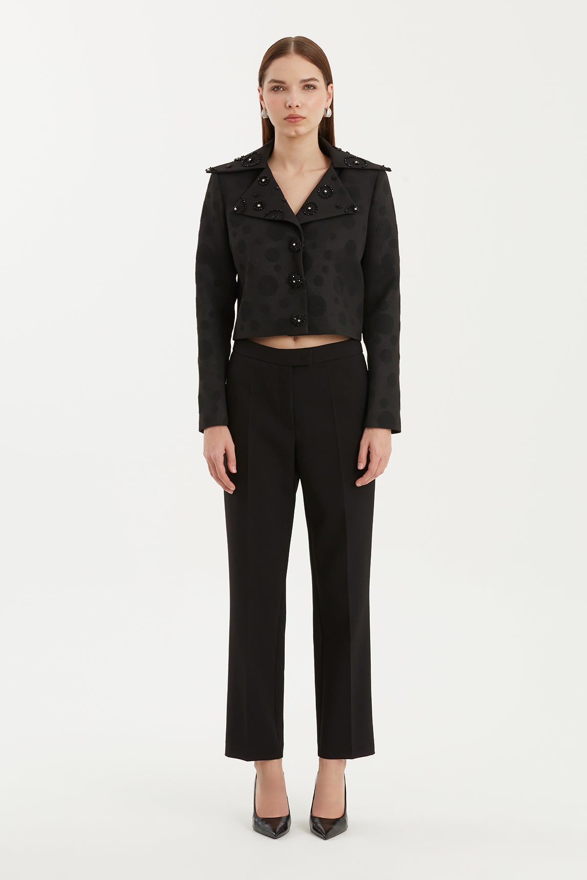 Black Shoulder-Padded Embroidered Jacket