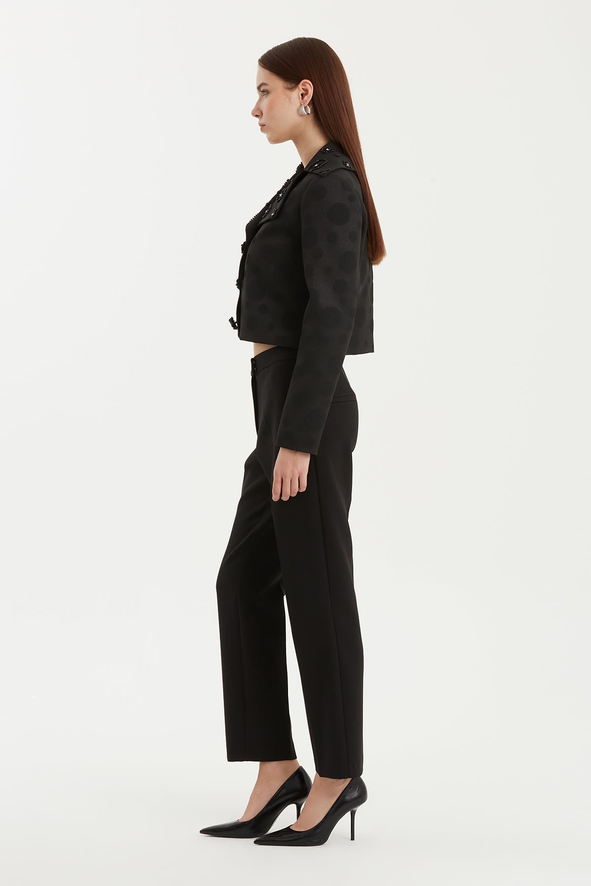 Black Shoulder-Padded Embroidered Jacket